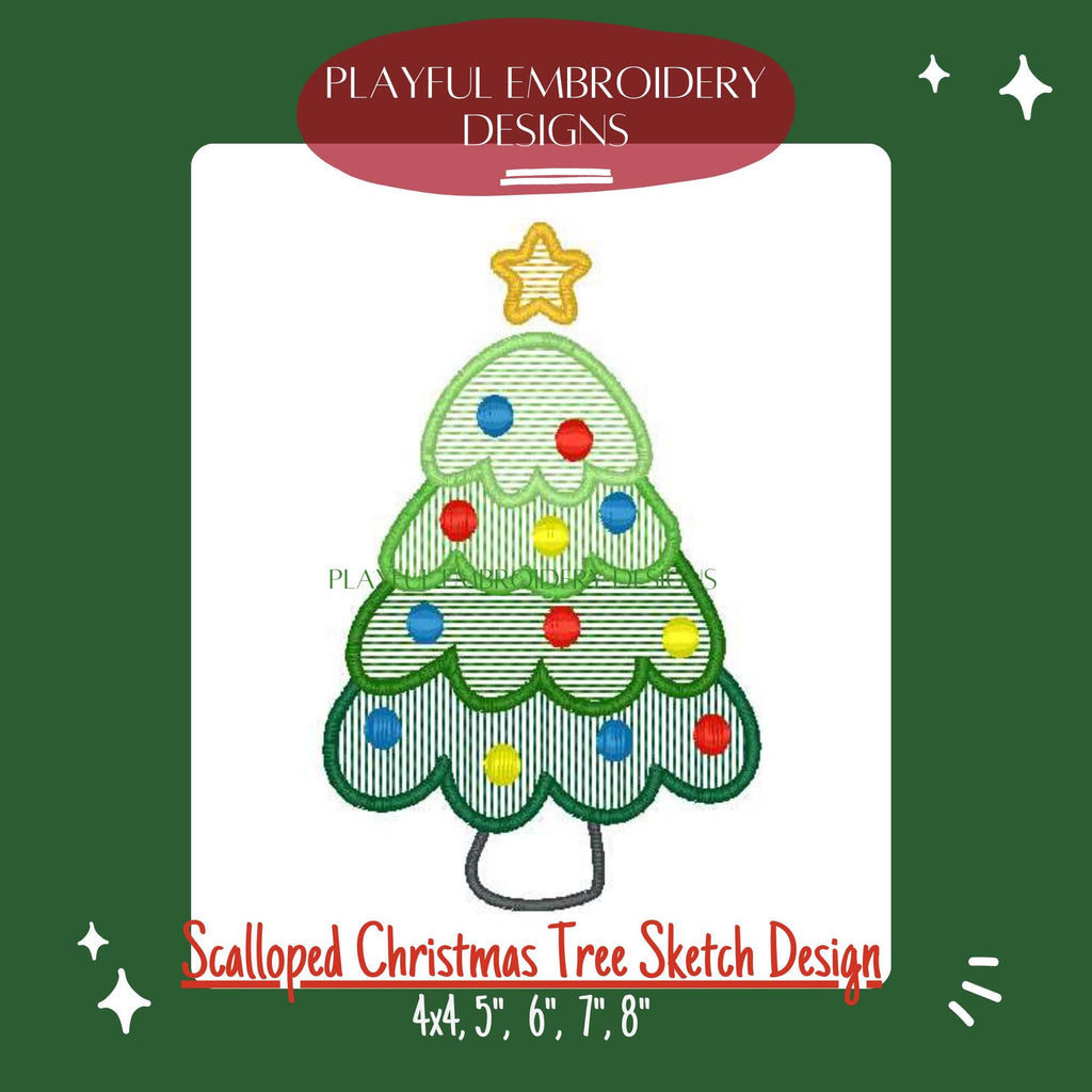Scalloped Christmas Tree Sketch Design for Machine Embroidery, Christmas Tree Embroidery Design, Sketch Christmas Tree Design