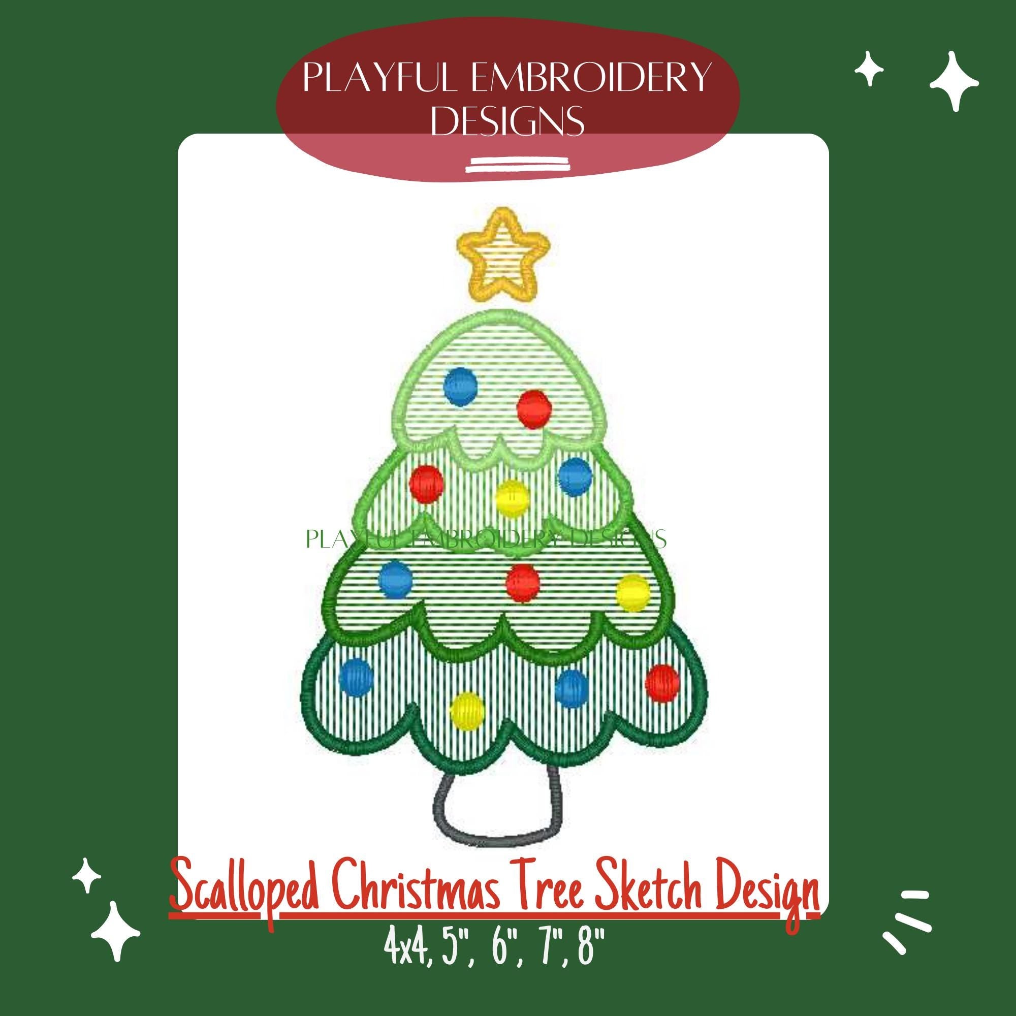Scalloped Christmas Tree Sketch Design for Machine Embroidery, Christmas Tree Embroidery Design, Sketch Christmas Tree Design