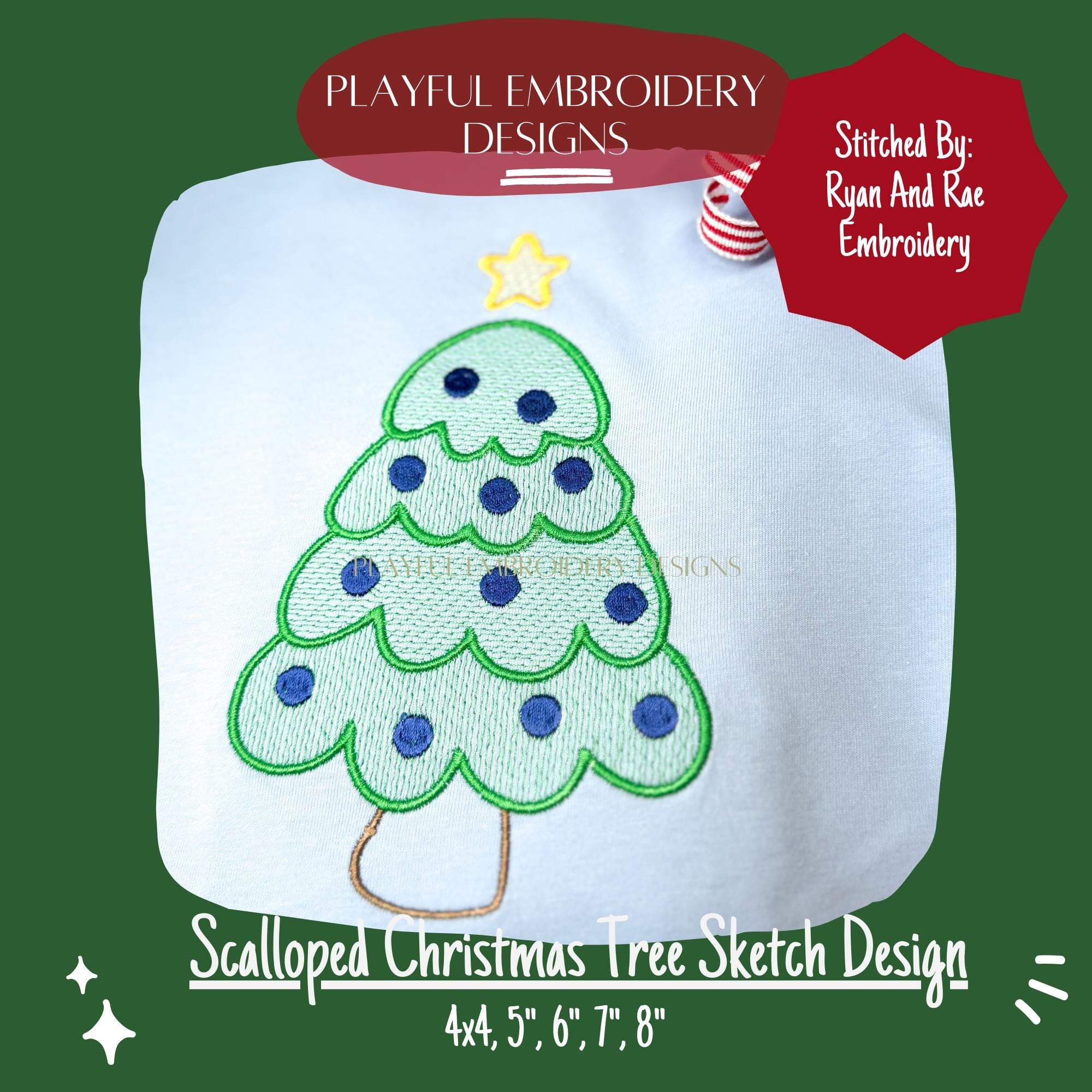 Scalloped Christmas Tree Sketch Design for Machine Embroidery, Christmas Tree Embroidery Design, Sketch Christmas Tree Design