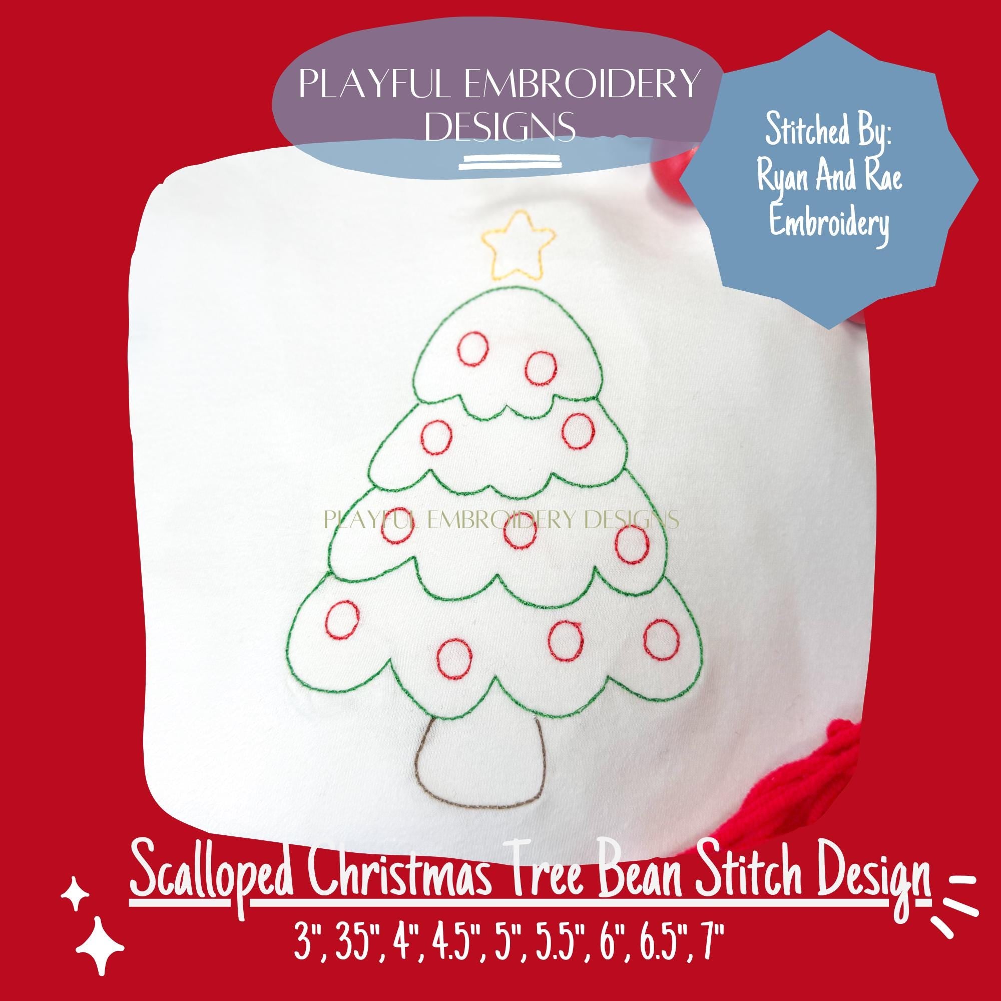 Scalloped Christmas Tree Bean Stitch Design for Machine Embroidery, Christmas Tree Embroidery Design, Quick Stitch Christmas Tree Design