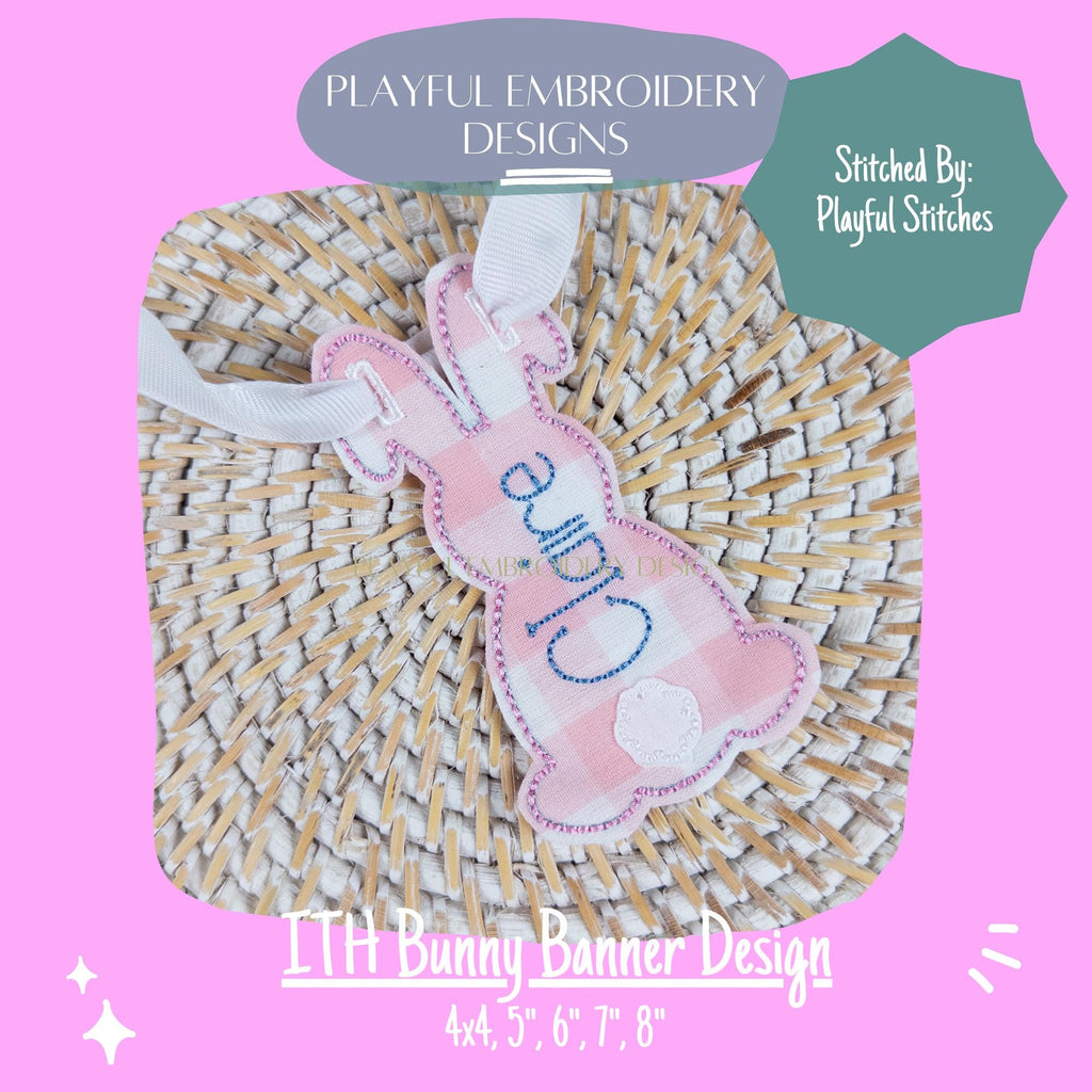 In The Hoop Bunny Banner Machine Embroidery Design, ITH Easter Banner Design, Bean Stitch Bunny Banner, In the Hoop Bunny Banner Design