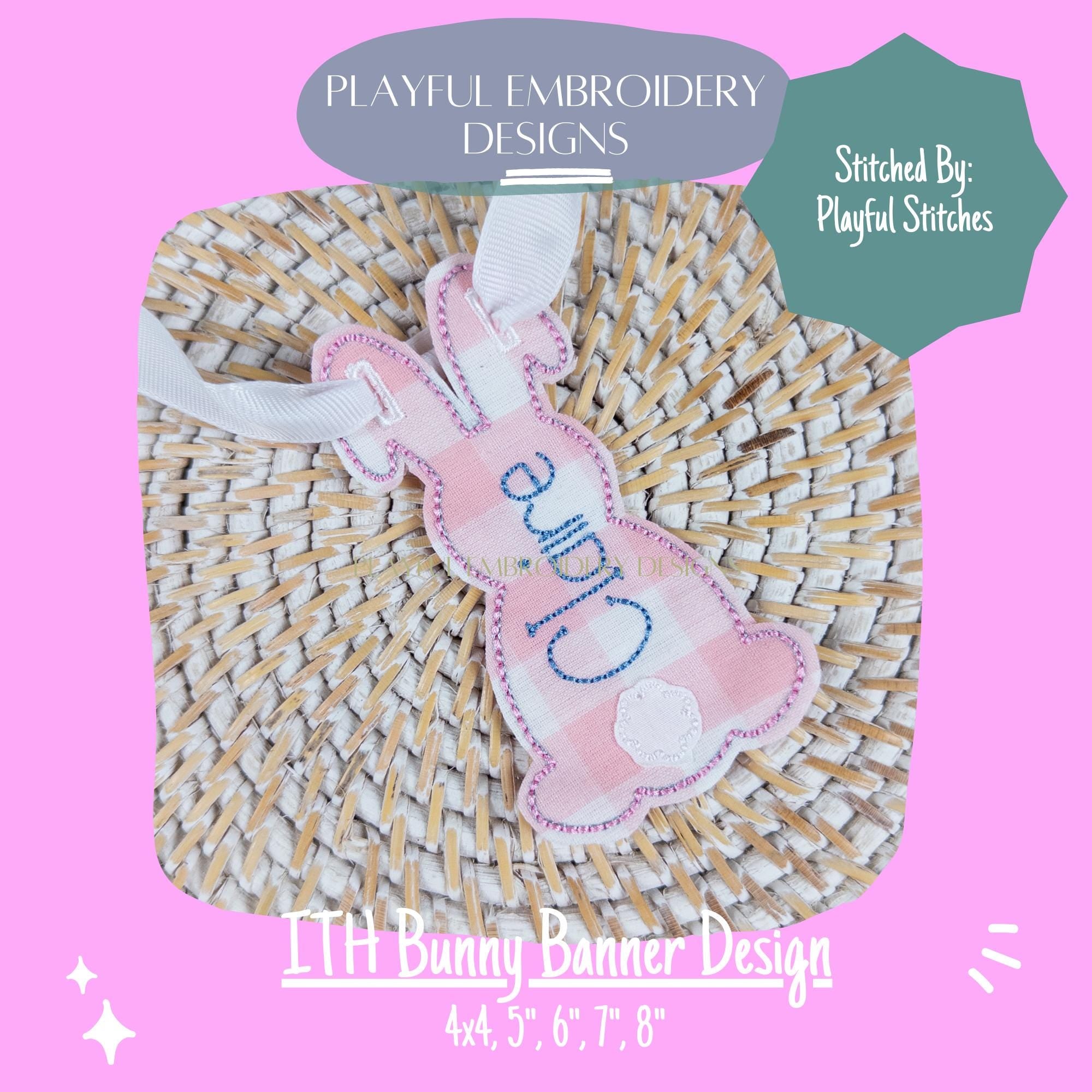 In The Hoop Bunny Banner Machine Embroidery Design, ITH Easter Banner Design, Bean Stitch Bunny Banner, In the Hoop Bunny Banner Design