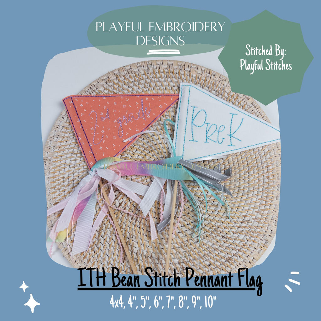 In The Hoop Bean Stitch Pennant Flag Machine Embroidery Design, Simple ITH Pennant Flag, 4x4, 5x7, 6x10, 8x8
