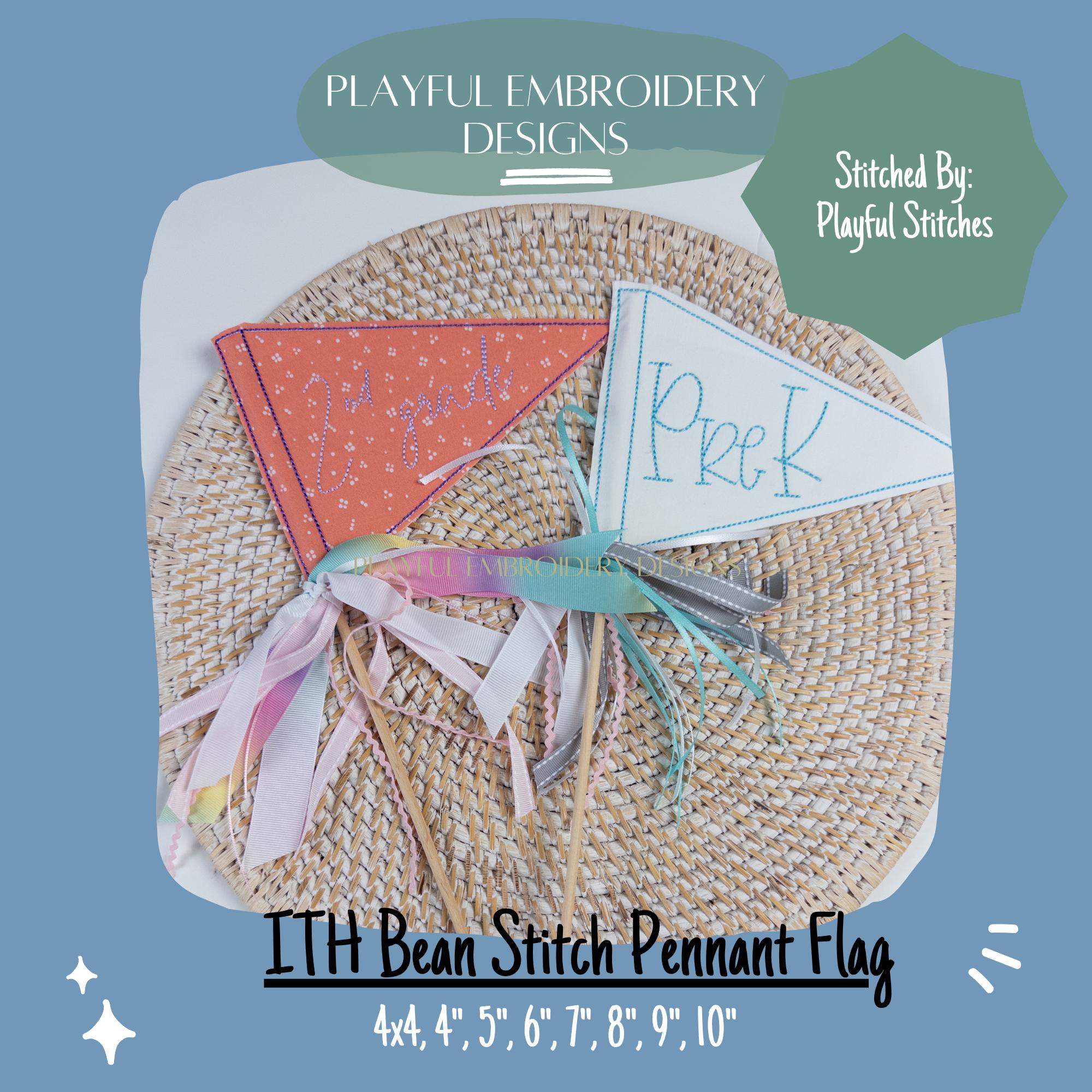 In The Hoop Bean Stitch Pennant Flag Machine Embroidery Design, Simple ITH Pennant Flag, 4x4, 5x7, 6x10, 8x8
