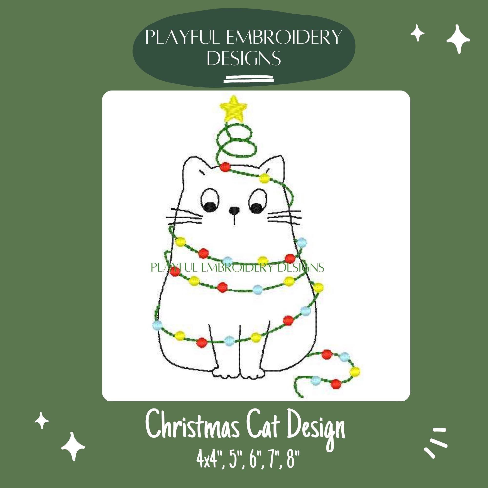 Christmas Cat Machine Embroidery Design, Cat Embroidery Design, Christmas Embroidery Design, Cat with Lights Embroidery, Digital Download