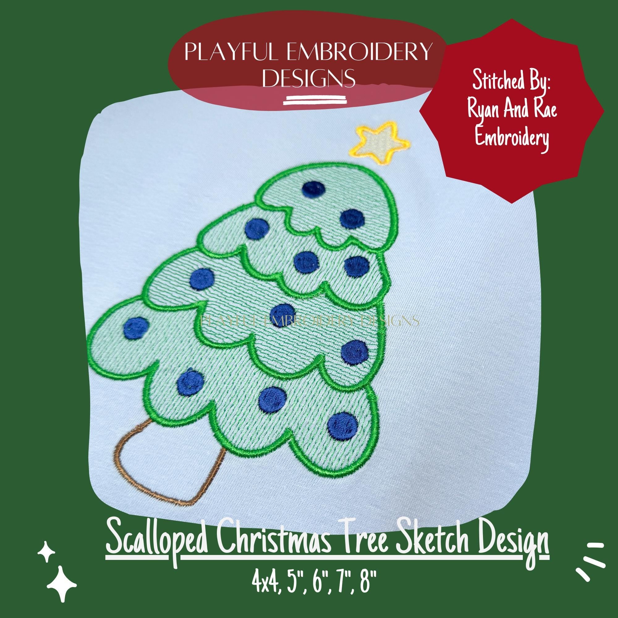 Scalloped Christmas Tree Sketch Design for Machine Embroidery, Christmas Tree Embroidery Design, Sketch Christmas Tree Design