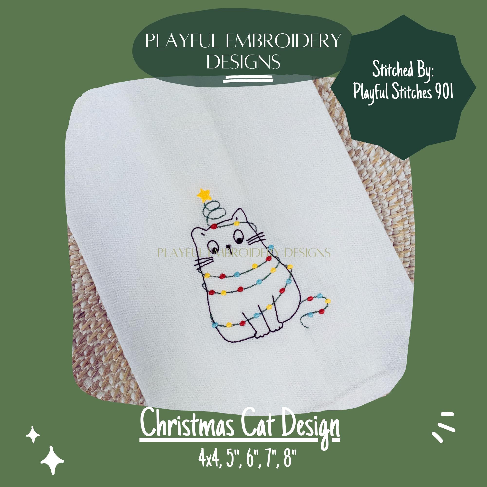 Christmas Cat Machine Embroidery Design, Cat Embroidery Design, Christmas Embroidery Design, Cat with Lights Embroidery, Digital Download