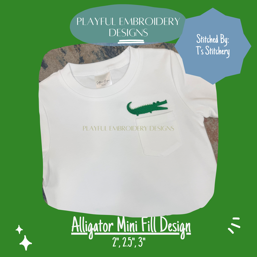 Alligator Mini Machine Embroidery Design, Fill Stitched Alligator Embroidery Design (Digital Download)