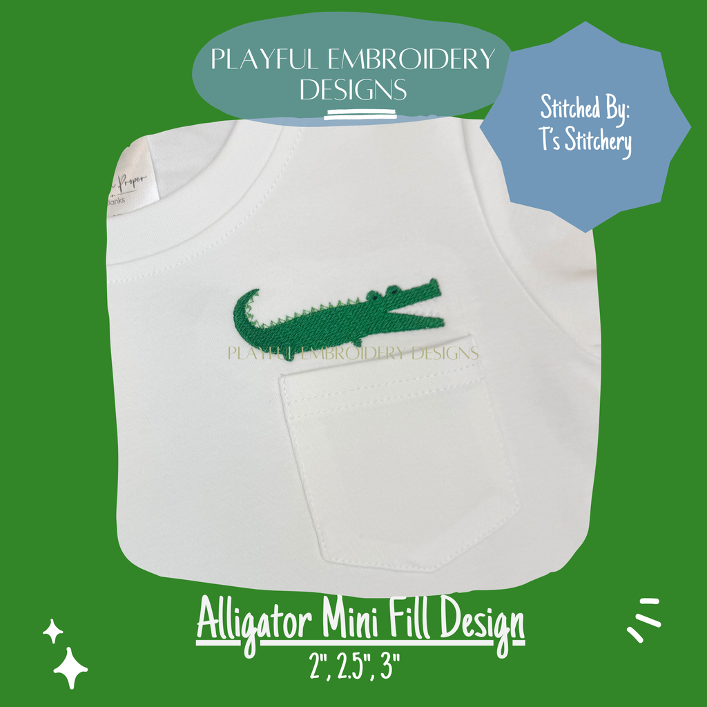 Alligator Mini Machine Embroidery Design, Fill Stitched Alligator Embroidery Design (Digital Download)