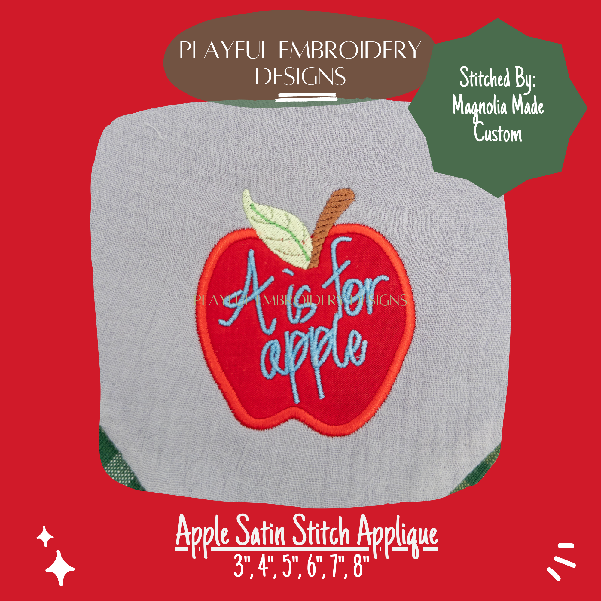 Satin Stitch Apple Applique Machine Embroidery Design (Digital File)