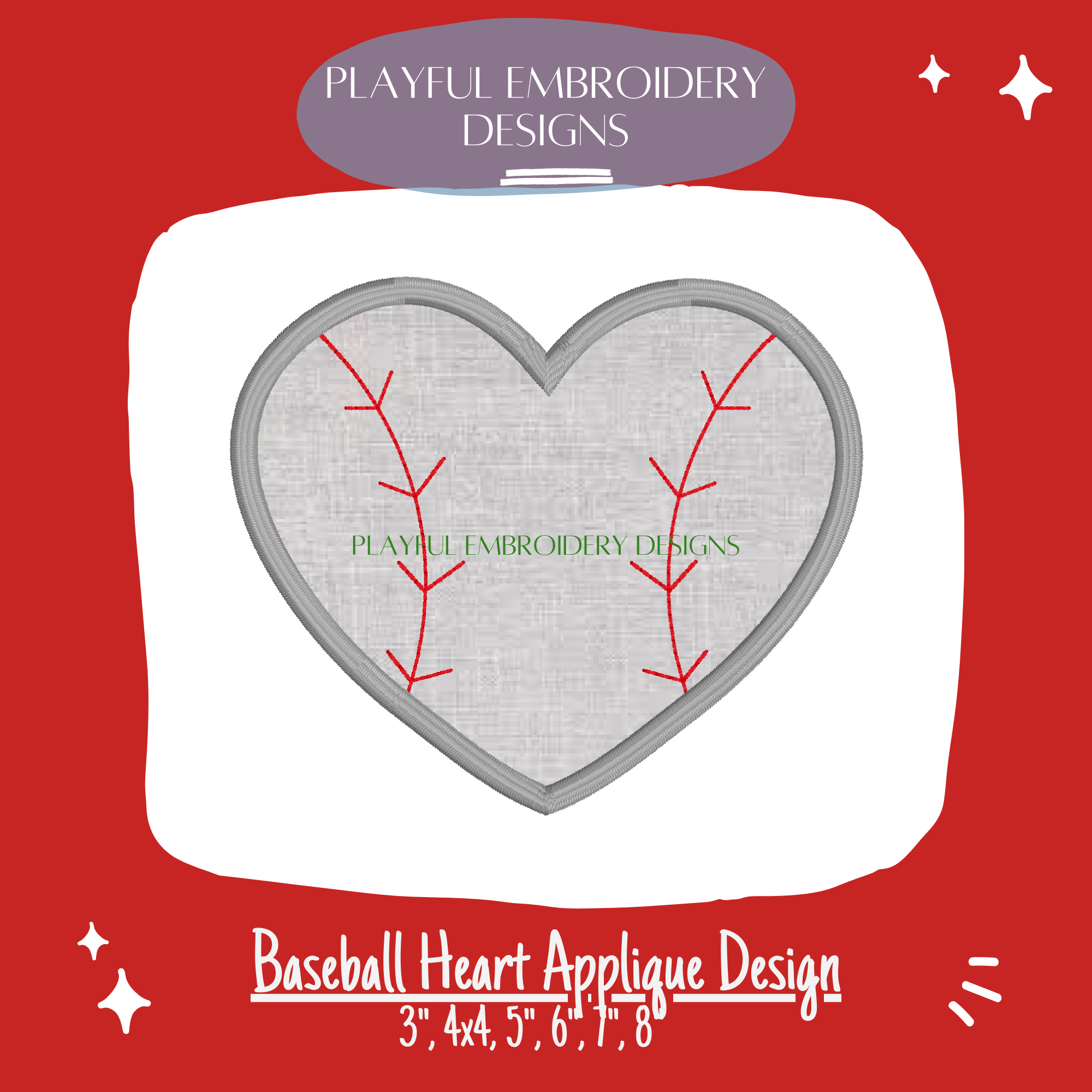 Baseball Heart Satin Stitch Applique Embroidery Design (Digital File)