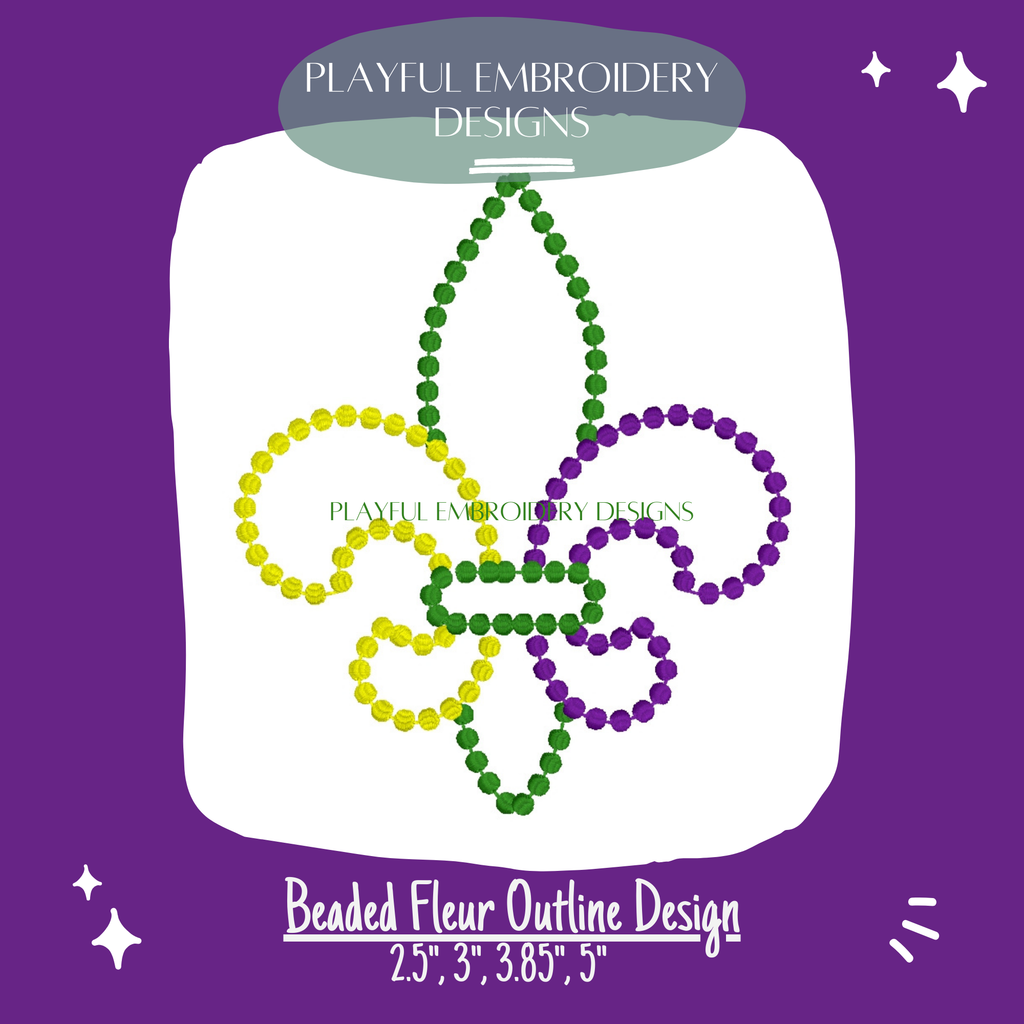 Beaded Fleur de Lis Outline Machine Embroidery Design, Three Color Fleur Embroidery Design, Mardi Gras Fleur Design (Digital Download)