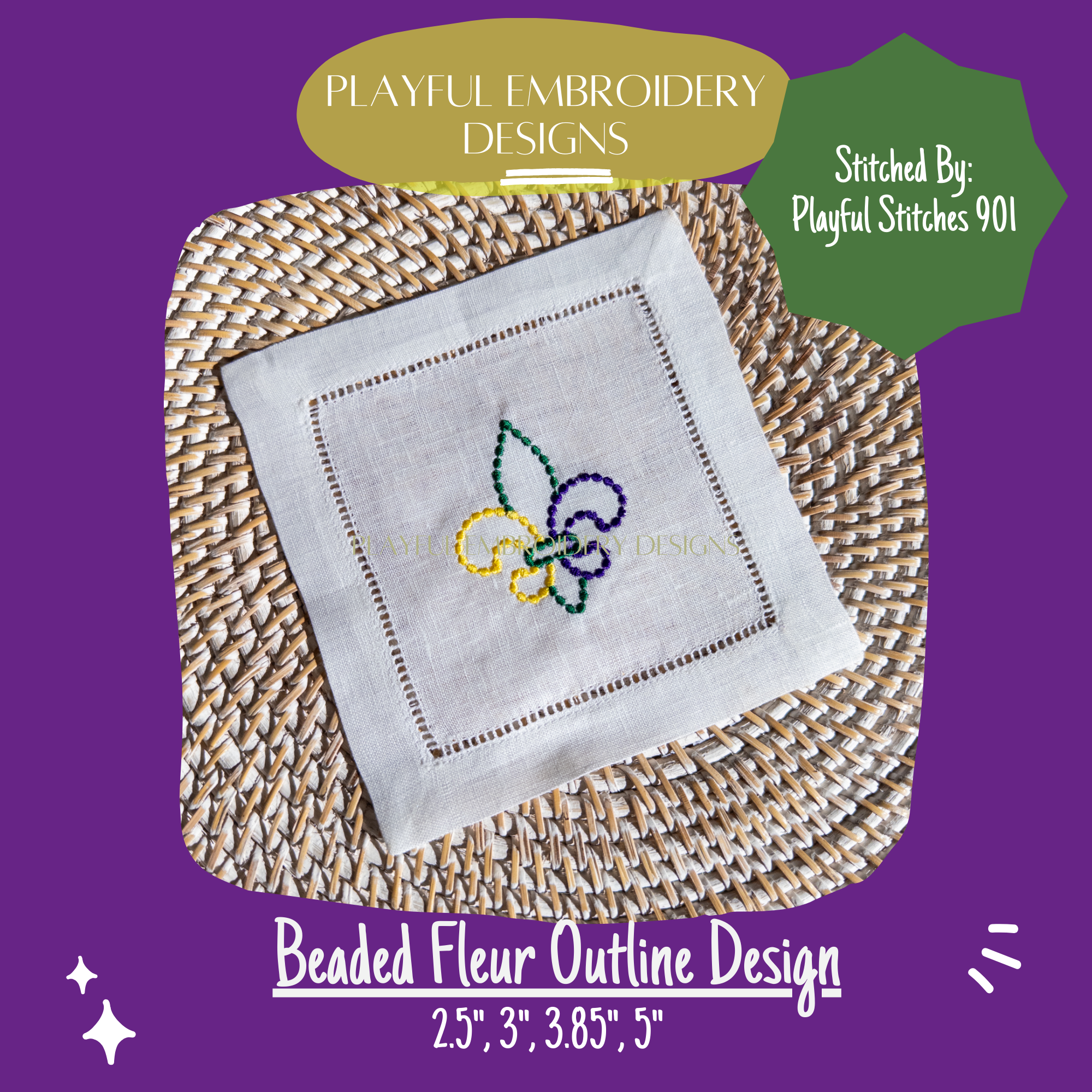 Beaded Fleur de Lis Outline Machine Embroidery Design, Three Color Fleur Embroidery Design, Mardi Gras Fleur Design (Digital Download)
