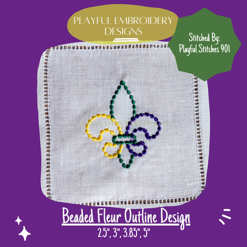 Beaded Fleur de Lis Outline Machine Embroidery Design, Three Color Fleur Embroidery Design, Mardi Gras Fleur Design (Digital Download)