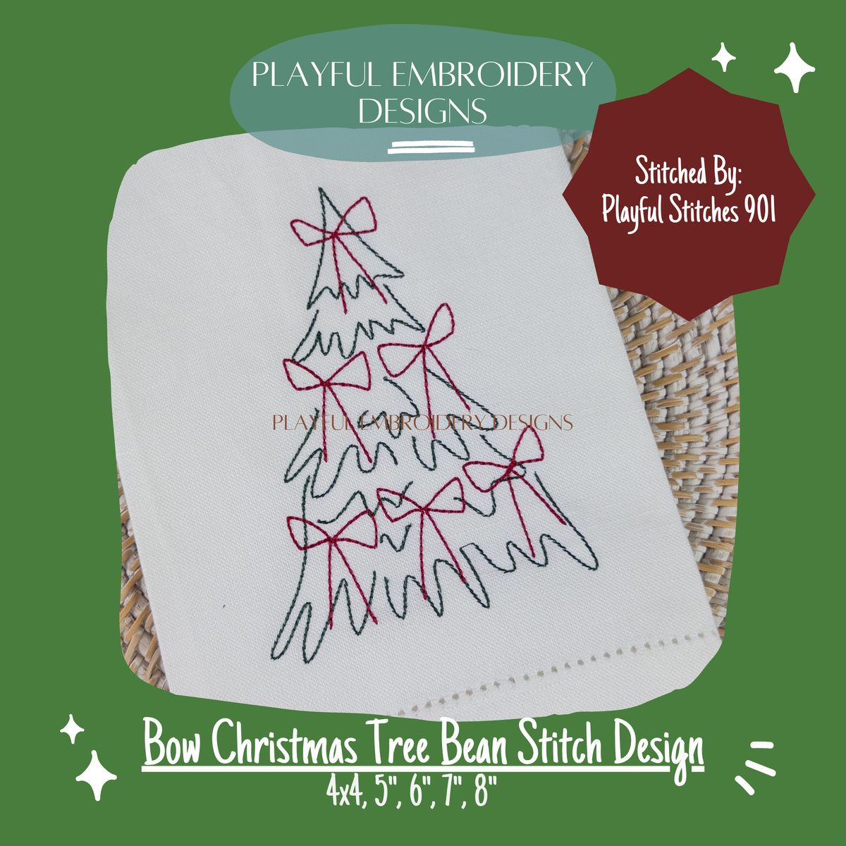 Bean Stitch Bow Christmas Tree Machine Embroidery Design (Digital File)