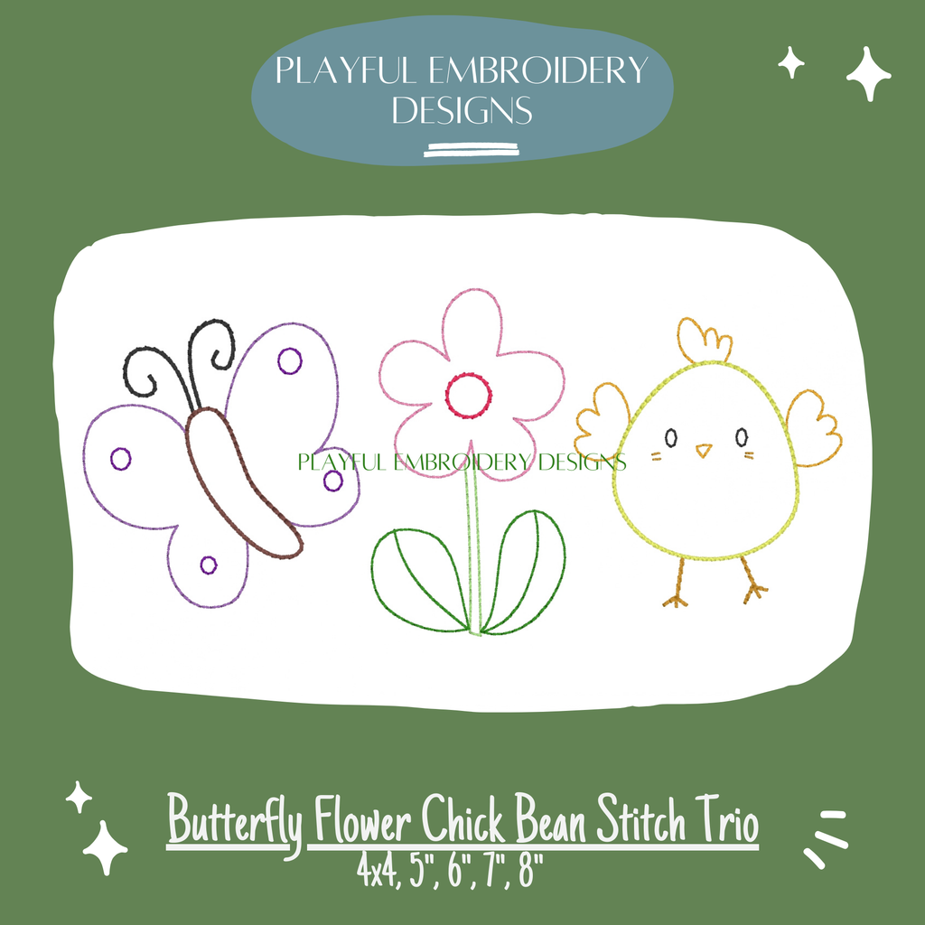 Butterfly Flower and Chick Bean Stitch Trio Design for Machine Embroidery (Digital Download)