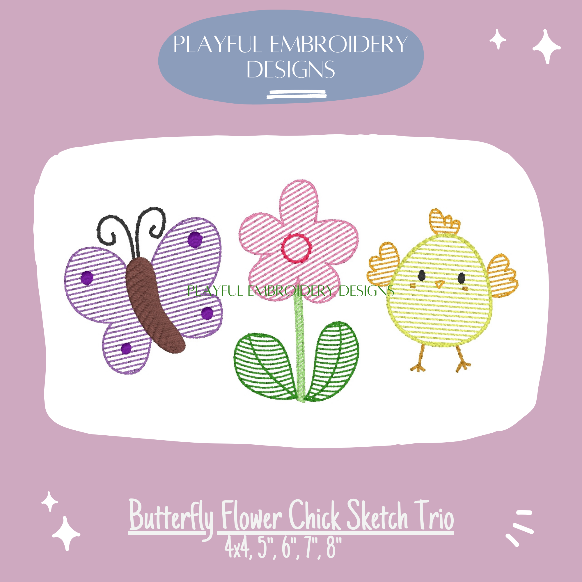 Butterfly Flower and Chick Sketch Trio Design for Machine Embroidery (Digital Download)