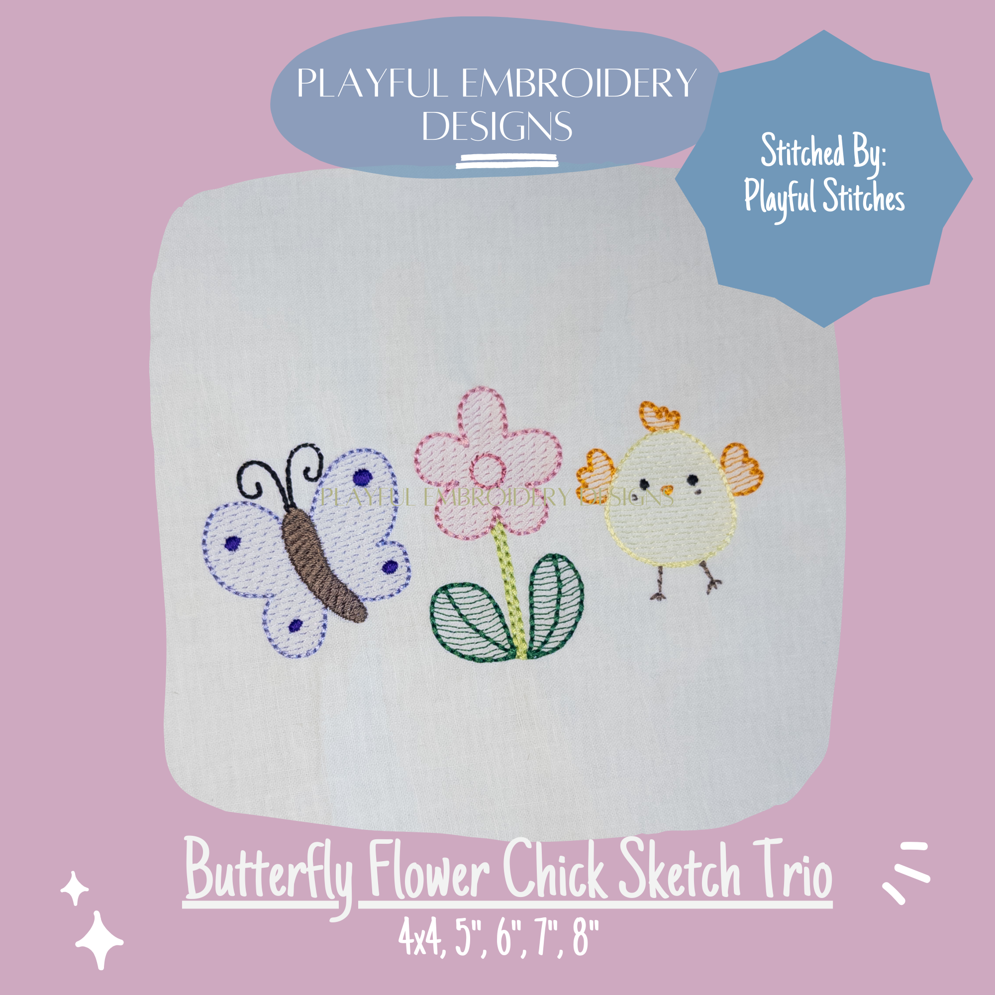 Butterfly Flower and Chick Sketch Trio Design for Machine Embroidery (Digital Download)