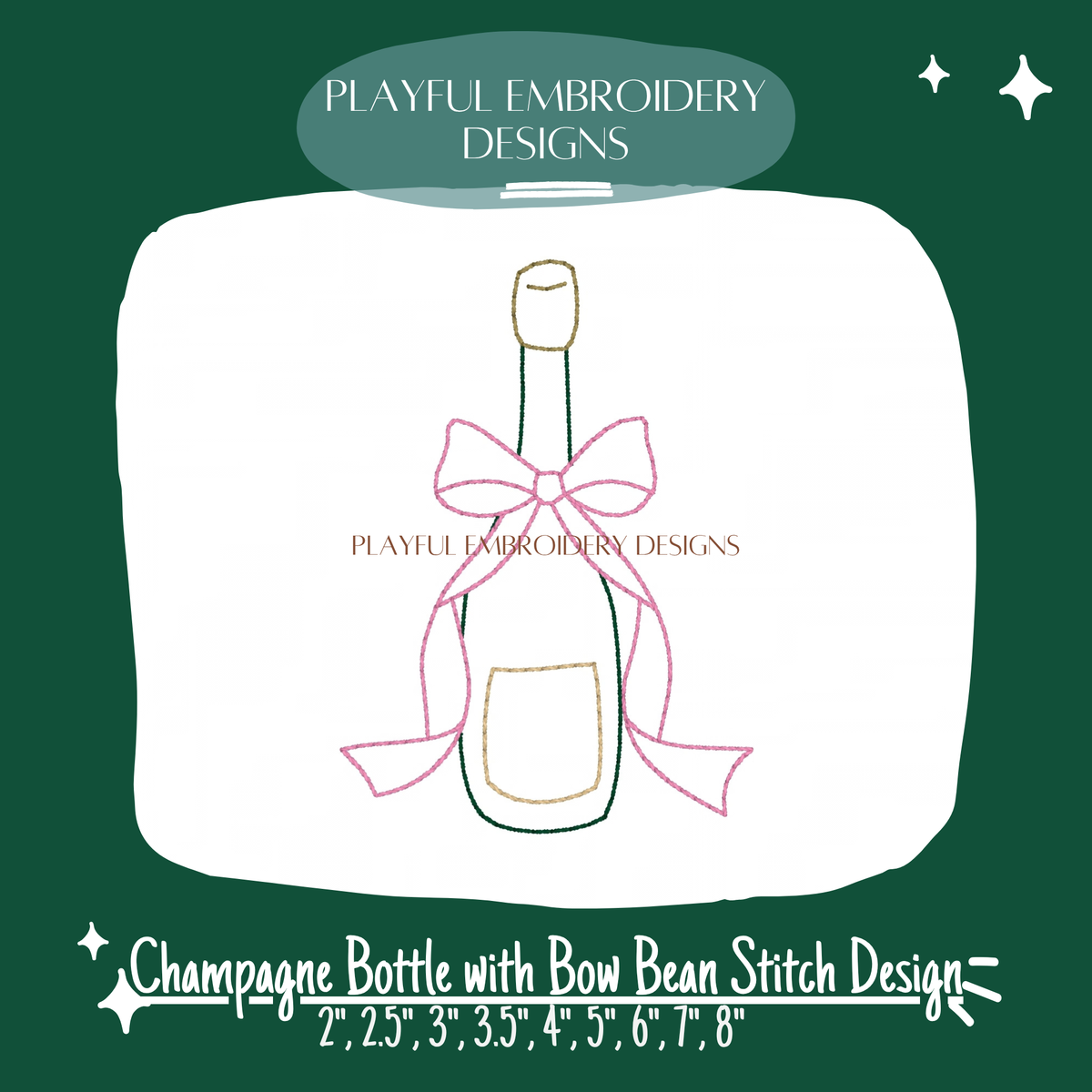 Quick Stitch Champagne Bottle with Bow Bean Stitch Embroidery Design (Digital File)