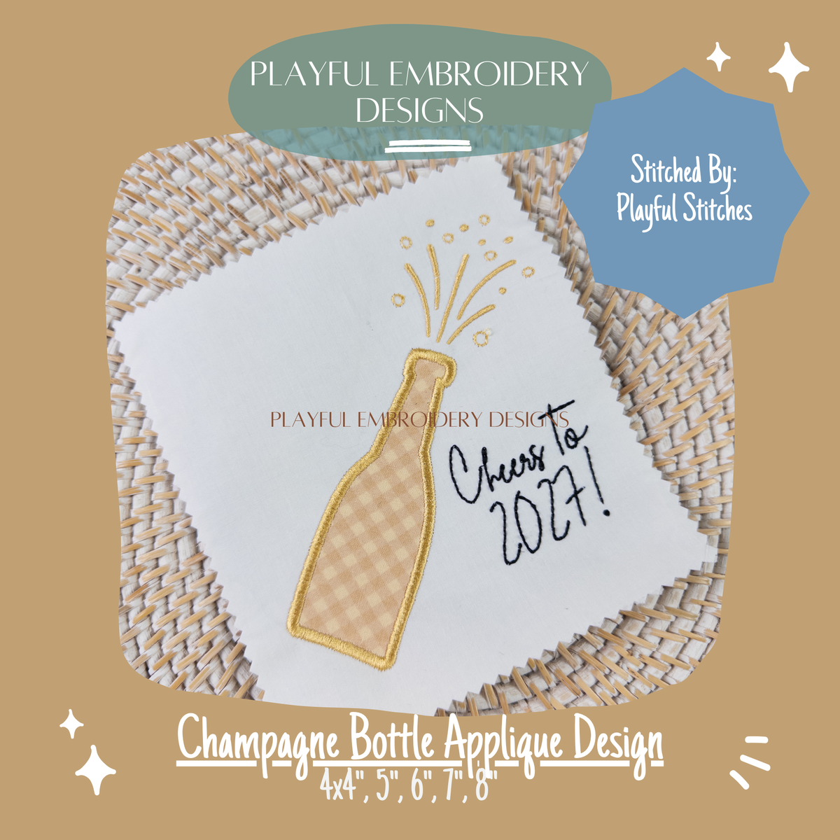 Popped Champagne Bottle Applique Machine Embroidery Design, New Years Applique Embroidery Design, Popped Tops Embroidery Design