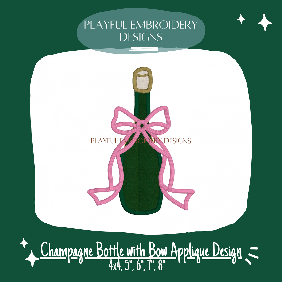 Champagne Bottle with Bow Satin Stitch Applique Machine Embroidery Design (Digital Download)
