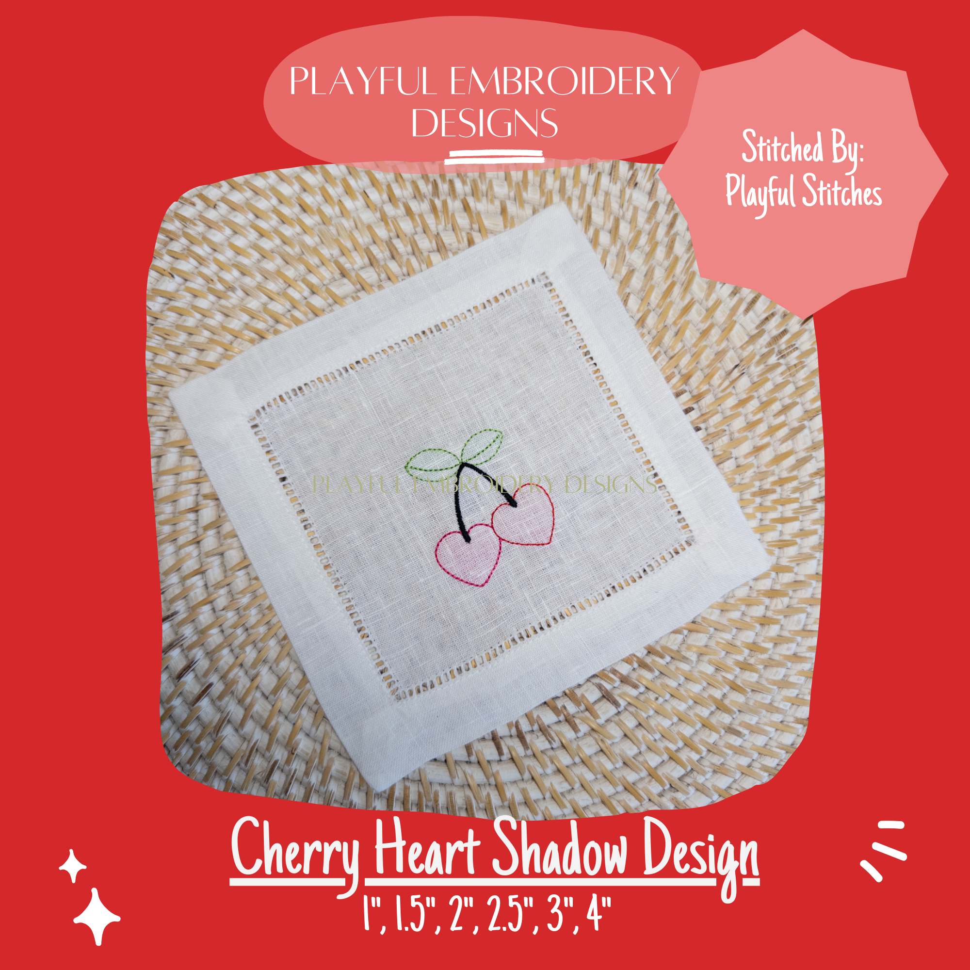 Cherry Heart Shadow Work Embroidery Design for Machine Embroidery (Digital Download)