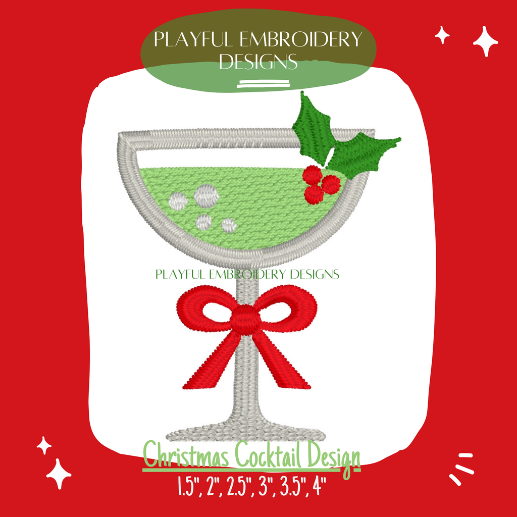 Christmas Cocktail Design Machine Embroidery Design, Cocktail Embroidery Design, Cocktail Mini Design with Christmas Holly, Digital Download