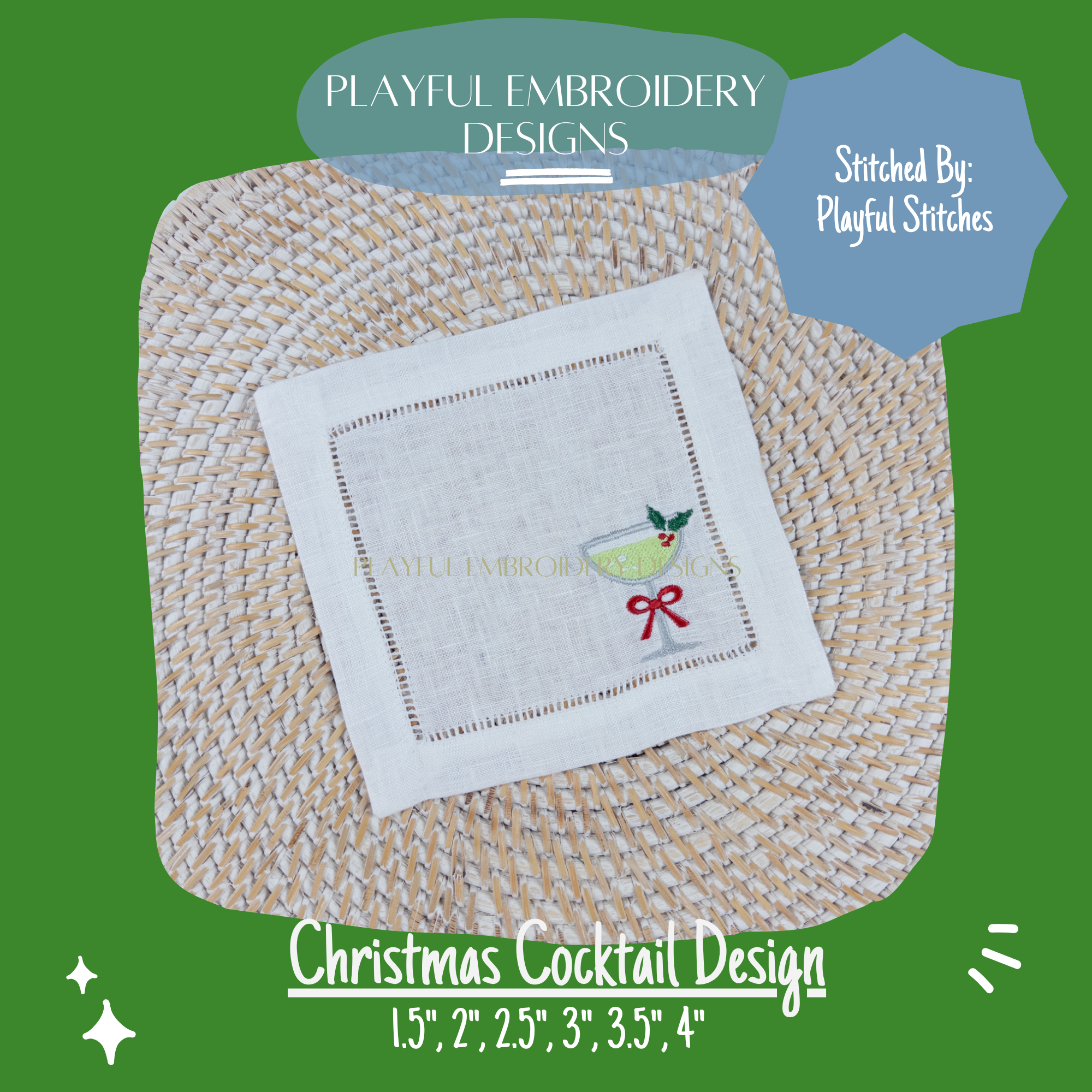 Christmas Cocktail Design Machine Embroidery Design, Cocktail Embroidery Design, Cocktail Mini Design with Christmas Holly, Digital Download