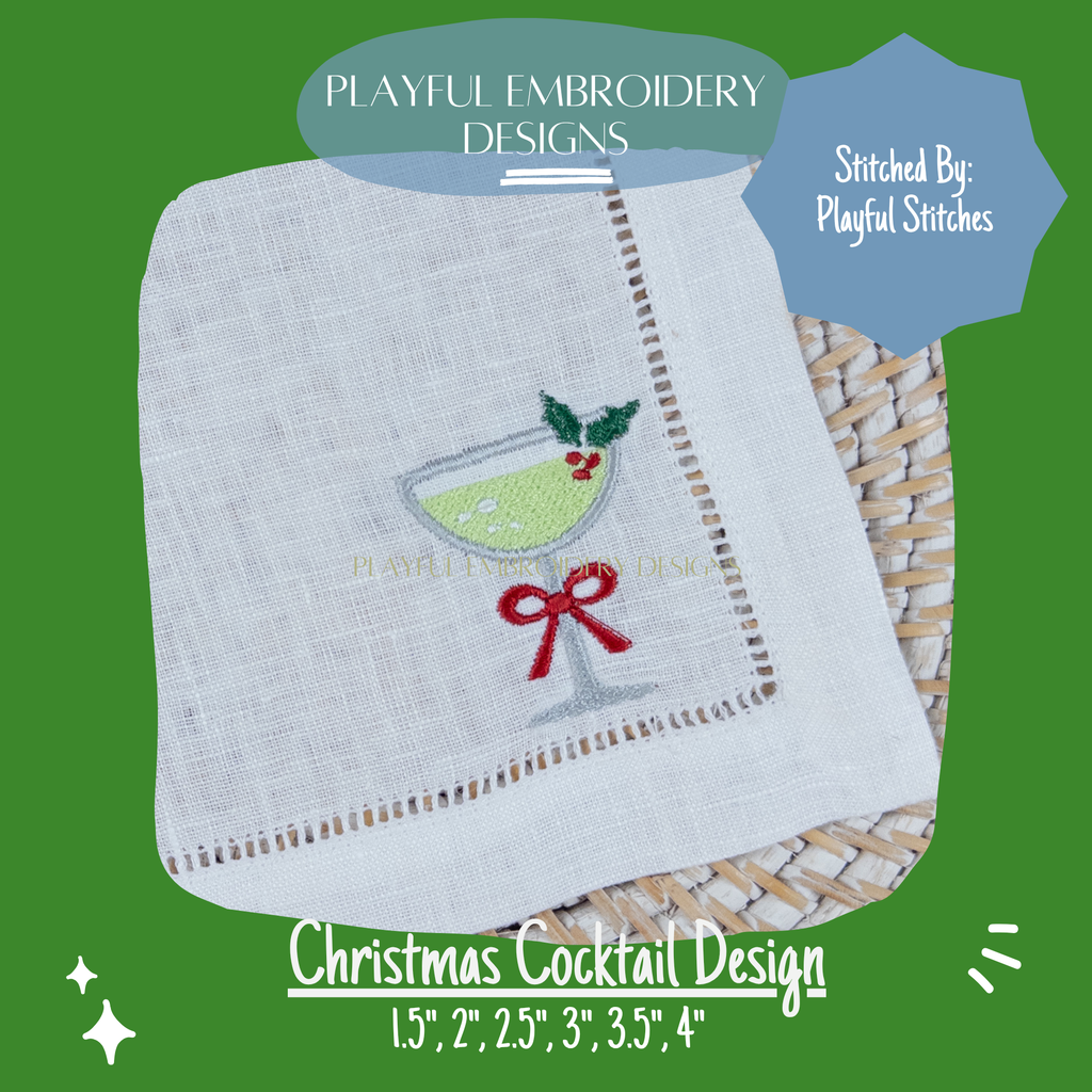 Christmas Cocktail Design Machine Embroidery Design, Cocktail Embroidery Design, Cocktail Mini Design with Christmas Holly, Digital Download