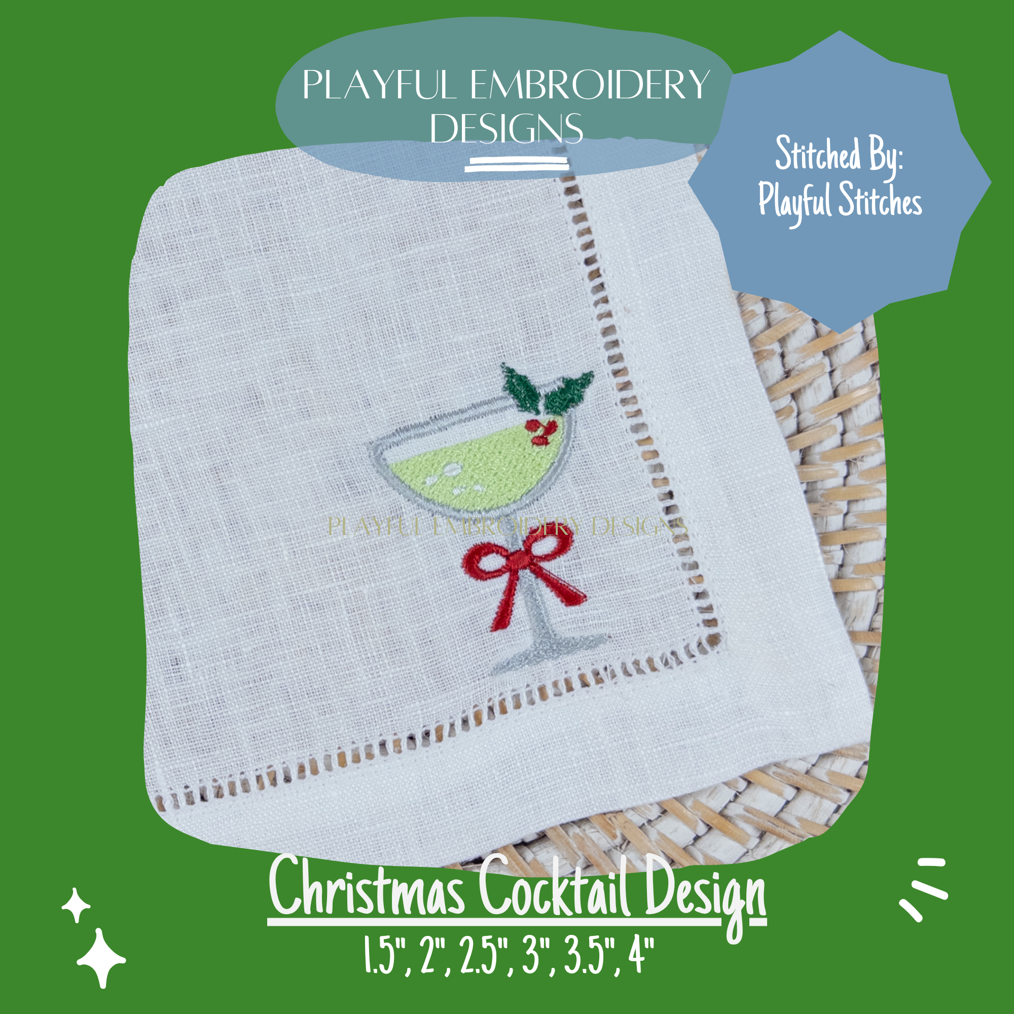 Christmas Cocktail Design Machine Embroidery Design, Cocktail Embroidery Design, Cocktail Mini Design with Christmas Holly, Digital Download