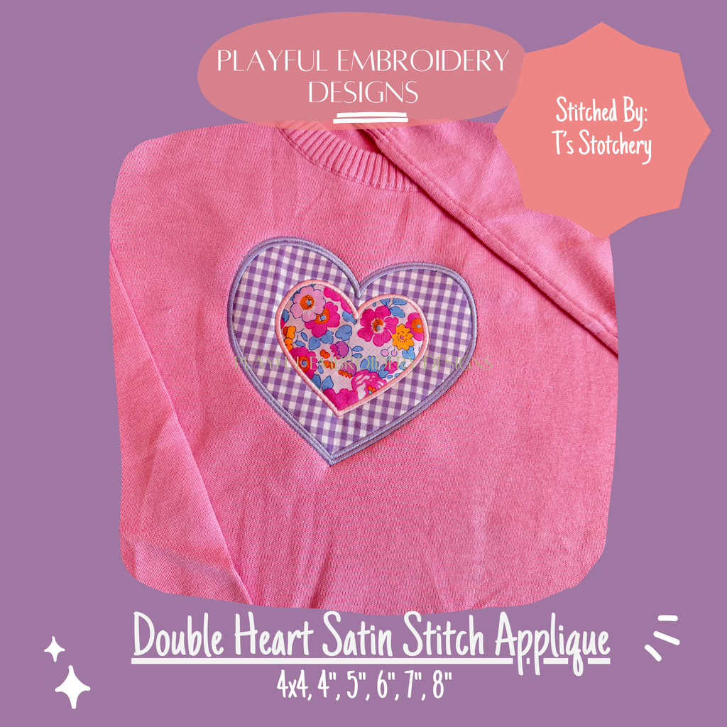 Double Heart Satin Stitch Applique Design, Valentine's Applique Machine Embroidery Design, Valentine's Design