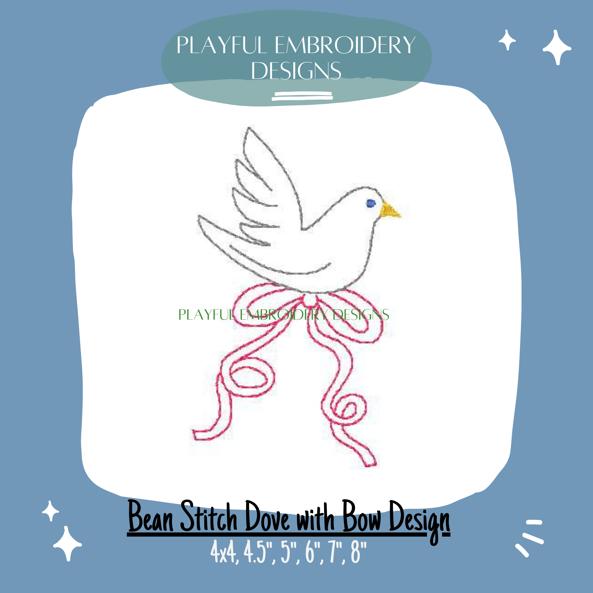 Dove with bow machine embroidery design, Bean Stitch Dove Baby Embroidery Design, Digital Download