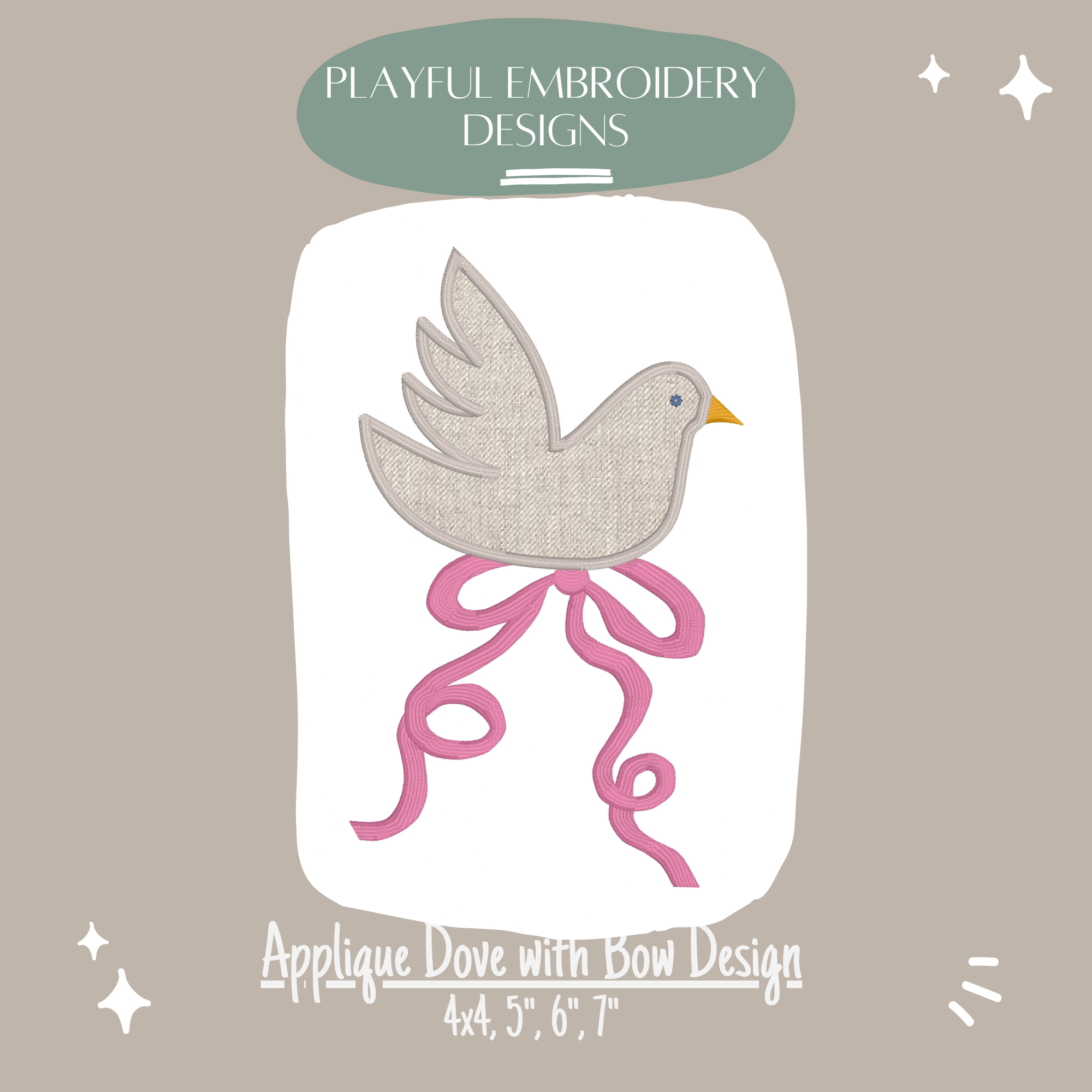 Dove Applique with Bow Machine Embroidery Design, Baby Girl Embroidery Design, Digital Download