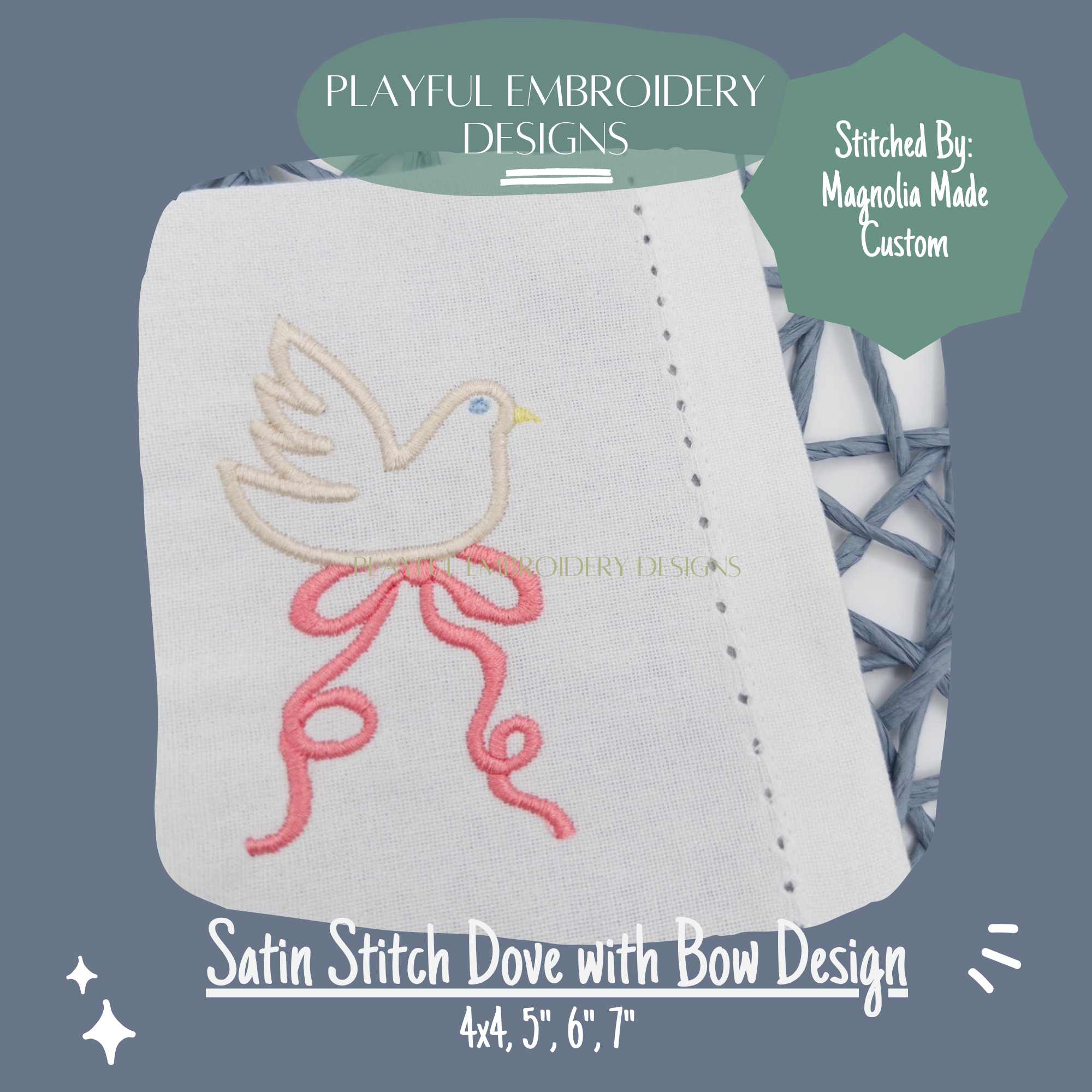 Satin Stitch Dove with Bow Machine Embroidery Design, Baby Girl Embroidery Design, Digital Download