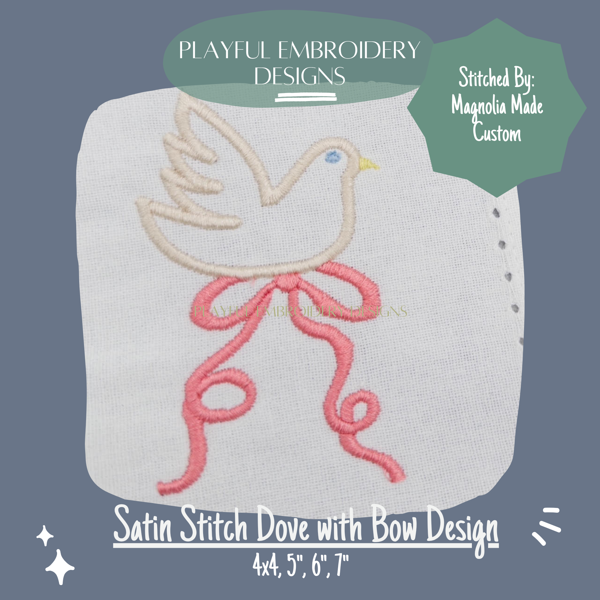 Satin Stitch Dove with Bow Machine Embroidery Design, Baby Girl Embroidery Design, Digital Download