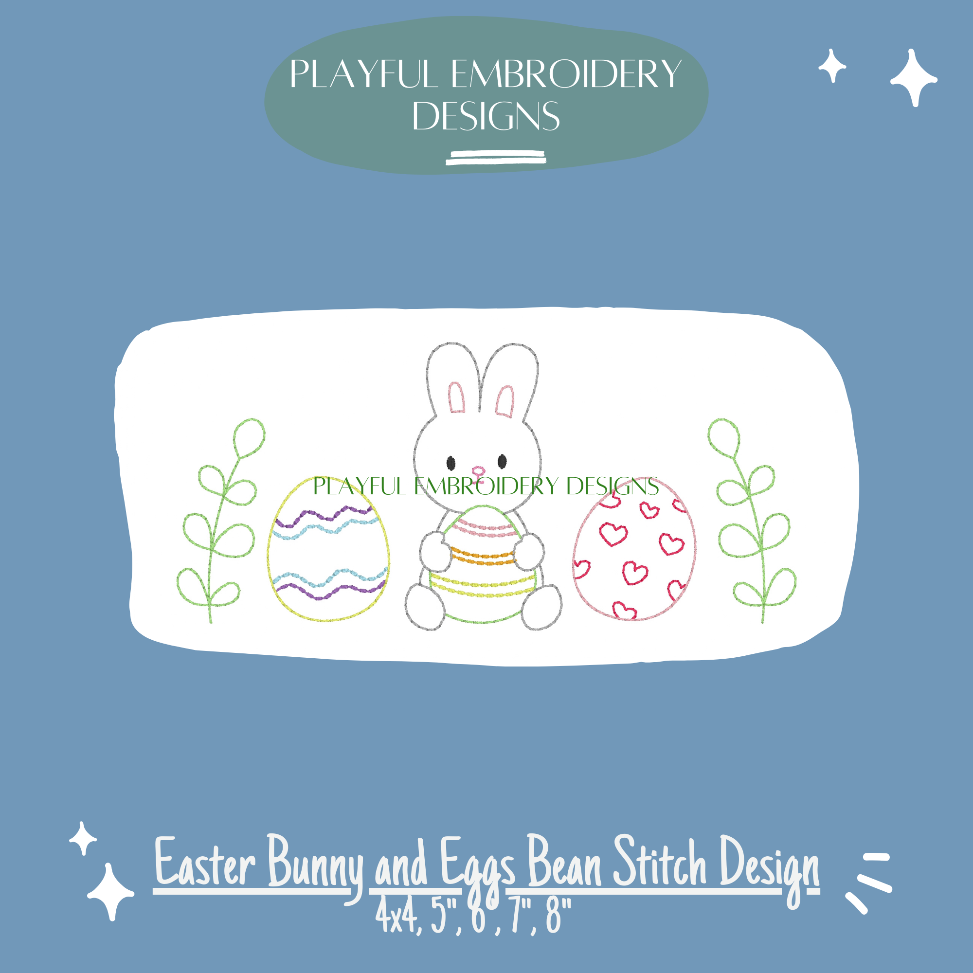 Easter Bunny with Eggs Machine Embroidery Design, Bean Stitch (Digital Download)