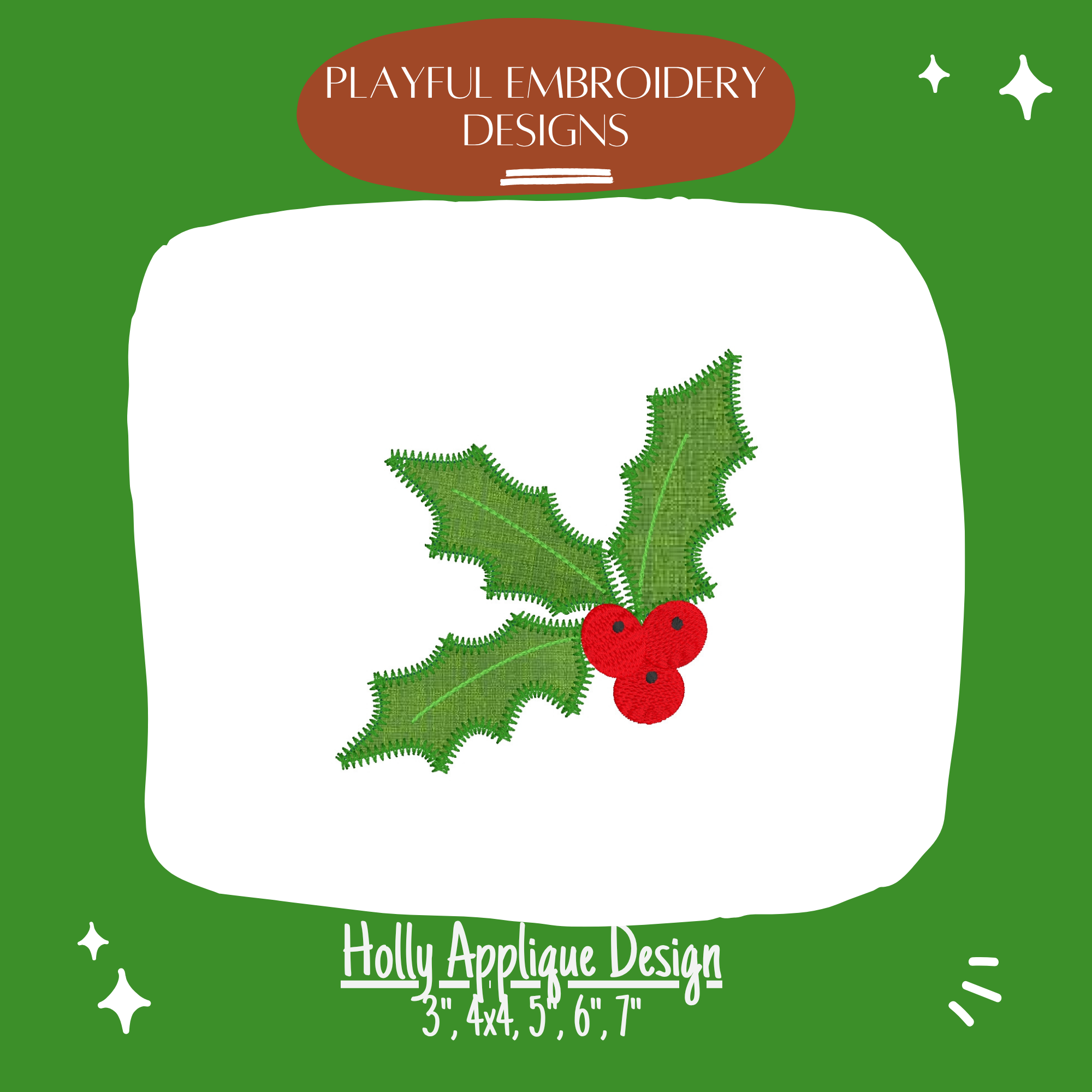 Holly Applique Design for Machine Embroidery, Zig Zag Holly Applique Design, Christmas Applique Design, Digital Download