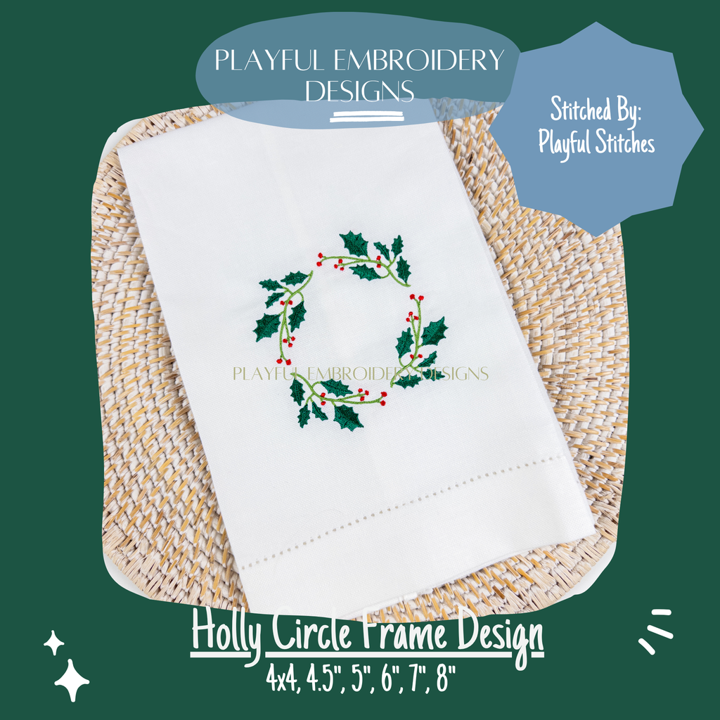 Holly Circle Monogram Frame Embroidery Design, Christmas Monogram Frame for Machine Embroidery, Garland Embroidery, Digital Download