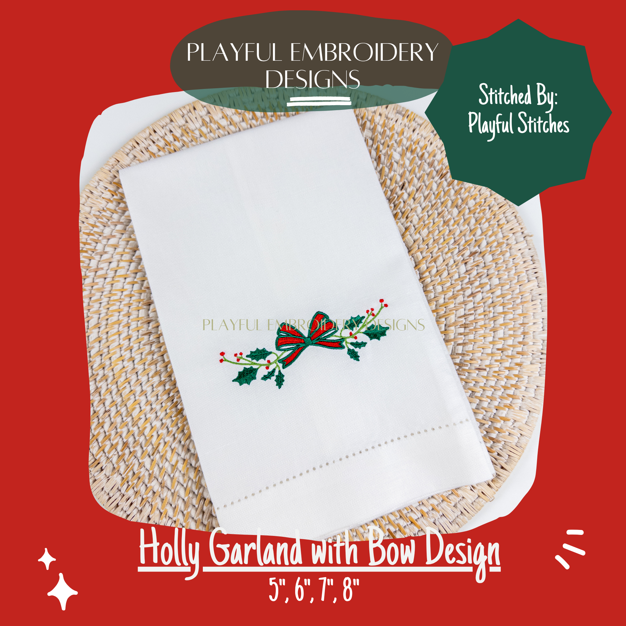 Holly Garland Monogram Frame Embroidery Design, Christmas Monogram Frame for Machine Embroidery, Holly with Bow Design