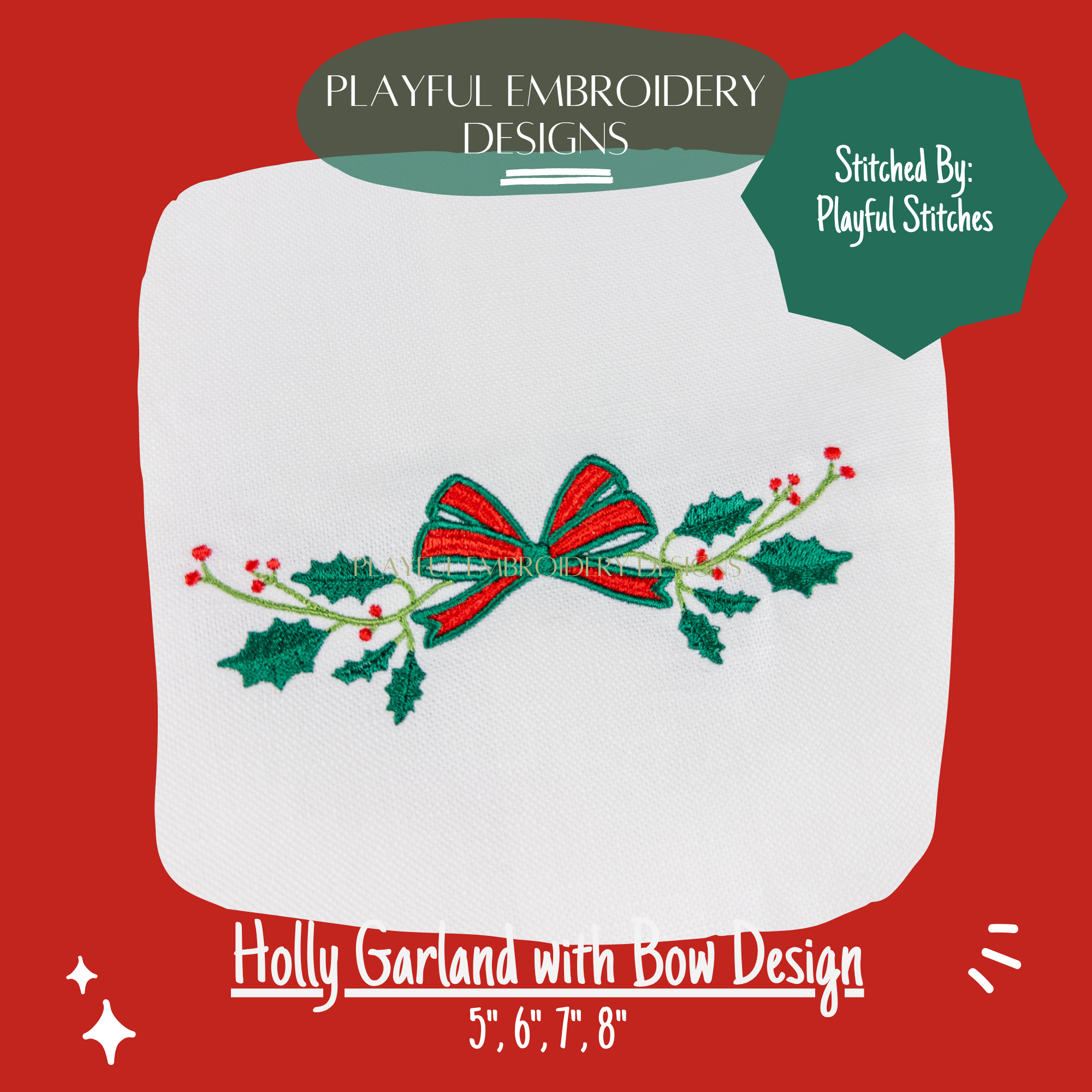 Holly Garland Monogram Frame Embroidery Design, Christmas Monogram Frame for Machine Embroidery, Holly with Bow Design