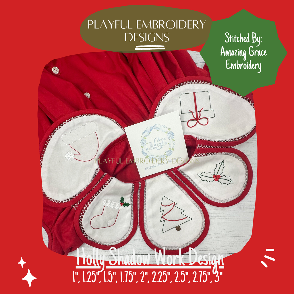 Holly Shadow Work Mini Embroidery design, Christmas Holly Shadow work Machine Embroidery Design, Digital Download