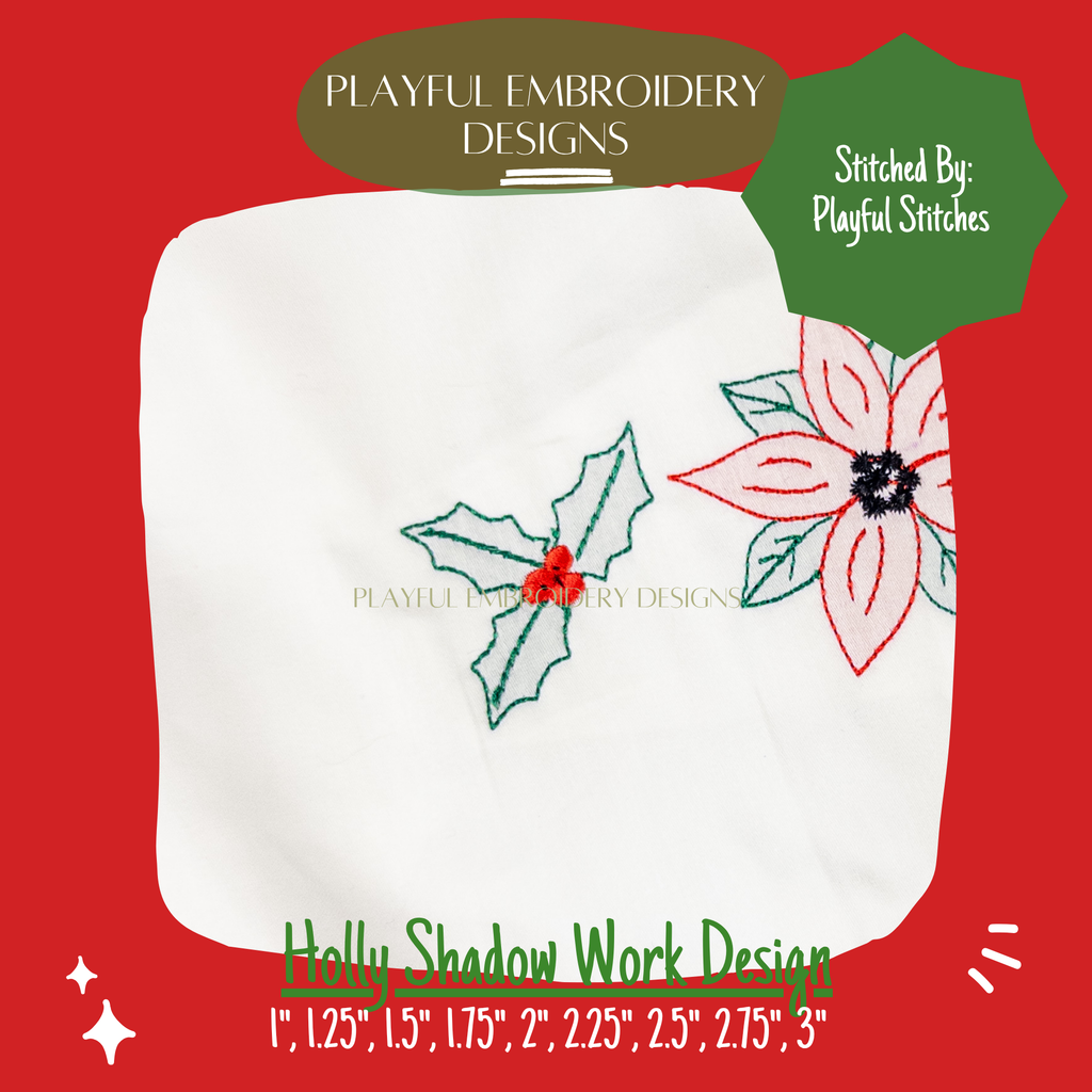 Holly Shadow Work Mini Embroidery design, Christmas Holly Shadow work Machine Embroidery Design, Digital Download