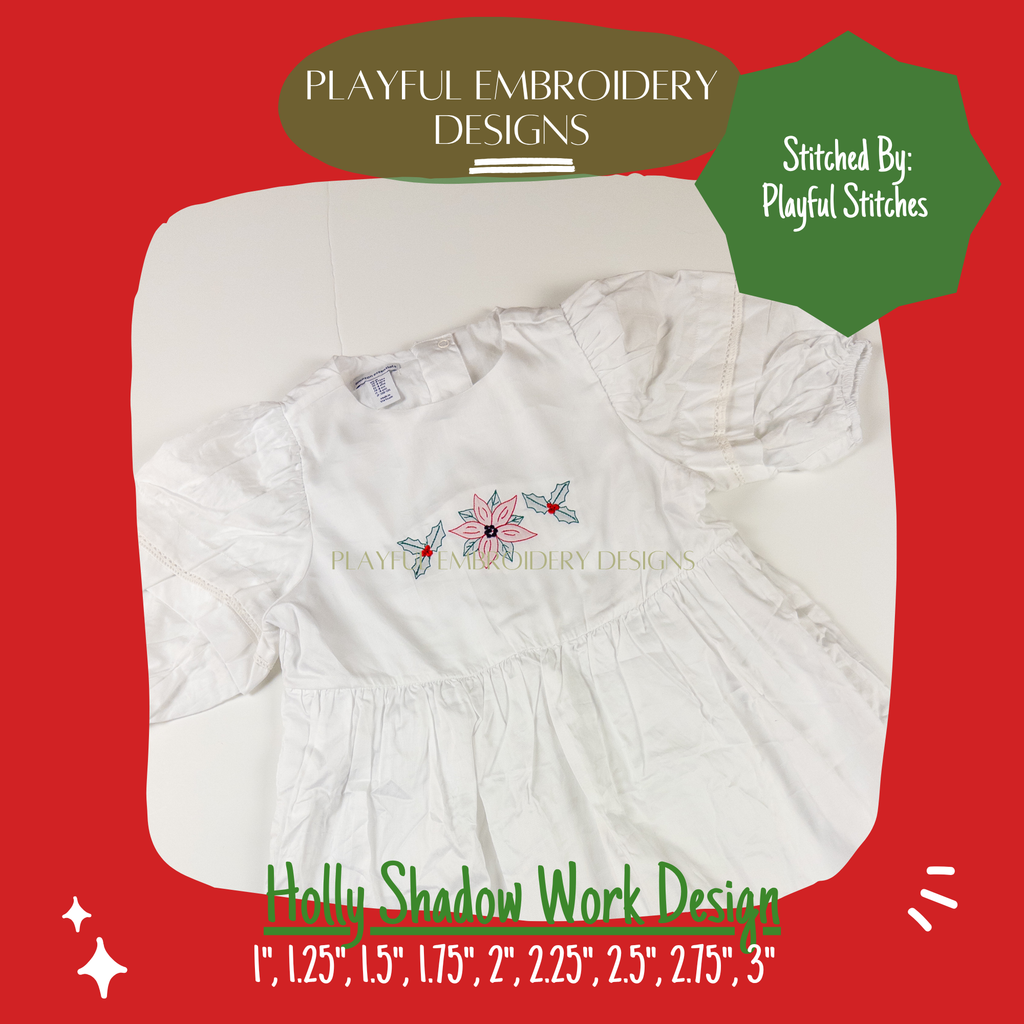 Holly Shadow Work Mini Embroidery design, Christmas Holly Shadow work Machine Embroidery Design, Digital Download