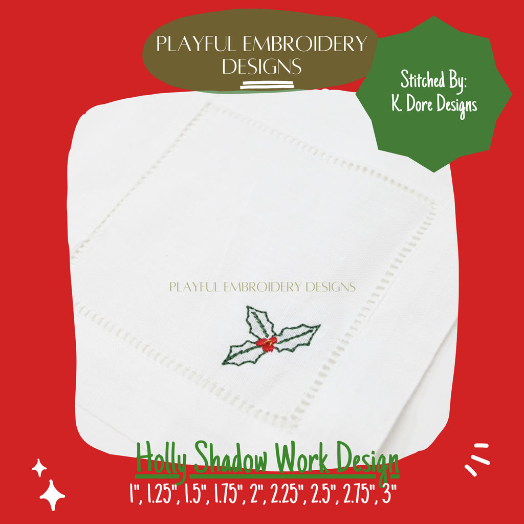 Holly Shadow Work Mini Embroidery design, Christmas Holly Shadow work Machine Embroidery Design, Digital Download