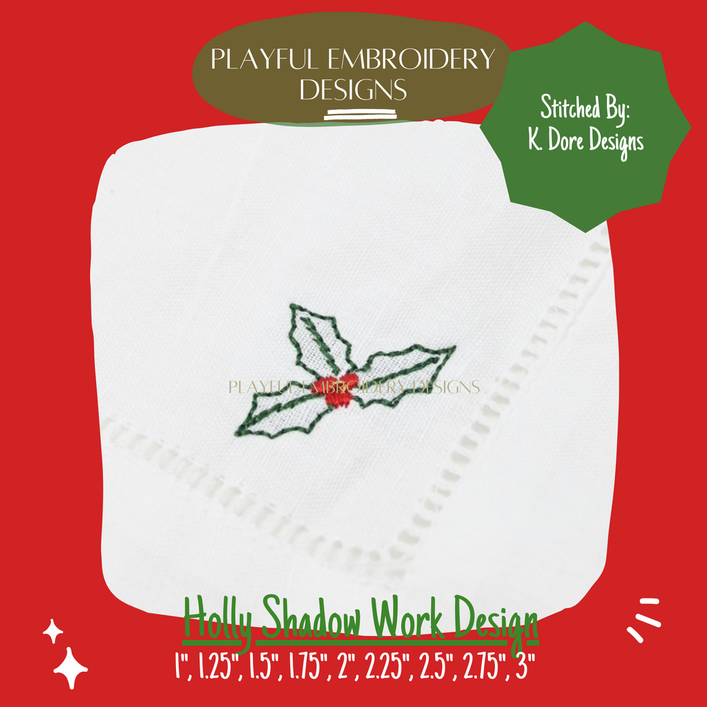 Holly Shadow Work Mini Embroidery design, Christmas Holly Shadow work Machine Embroidery Design, Digital Download