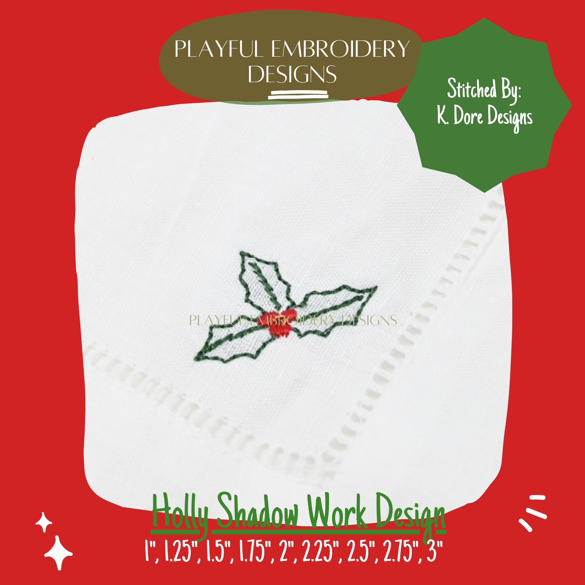 Holly Shadow Work Mini Embroidery design, Christmas Holly Shadow work Machine Embroidery Design, Digital Download