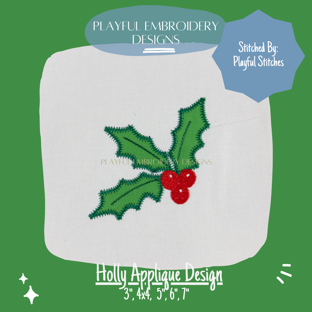 Holly Applique Design for Machine Embroidery, Zig Zag Holly Applique Design, Christmas Applique Design, Digital Download