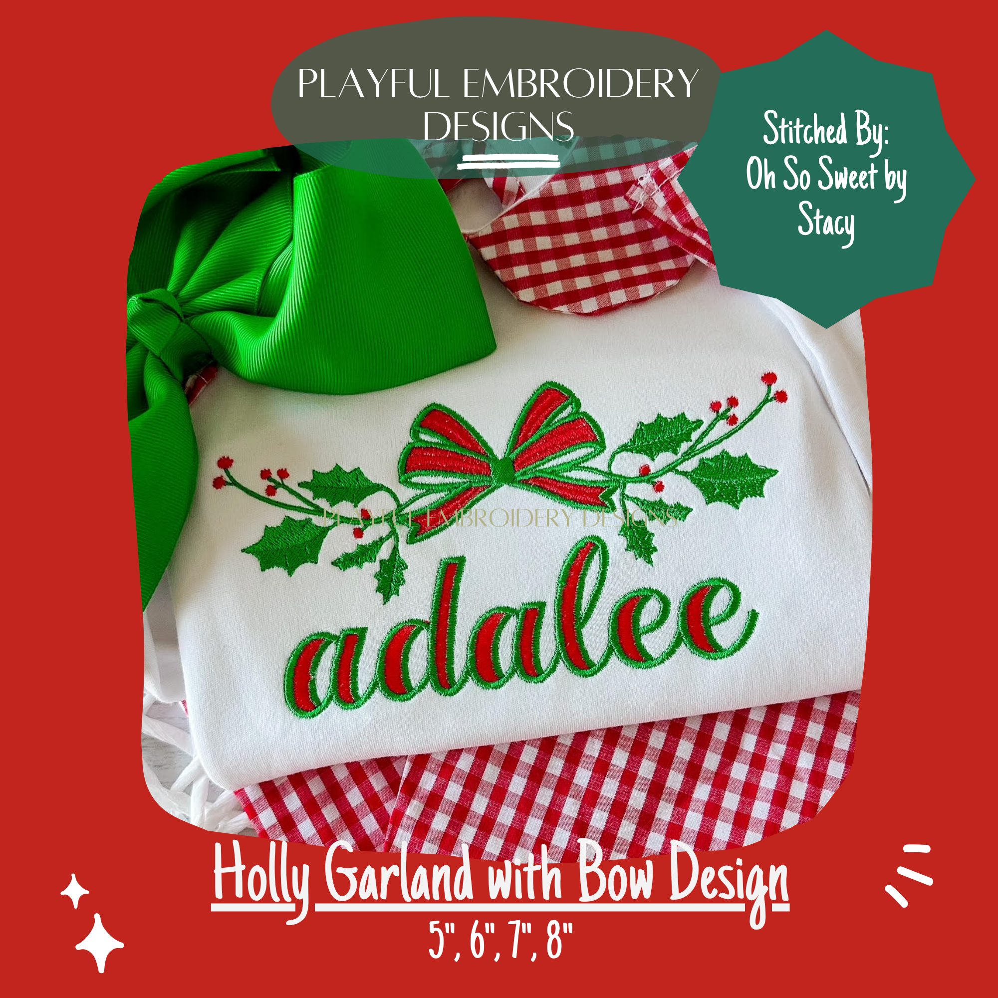 Holly Garland Monogram Frame Embroidery Design, Christmas Monogram Frame for Machine Embroidery, Holly with Bow Design