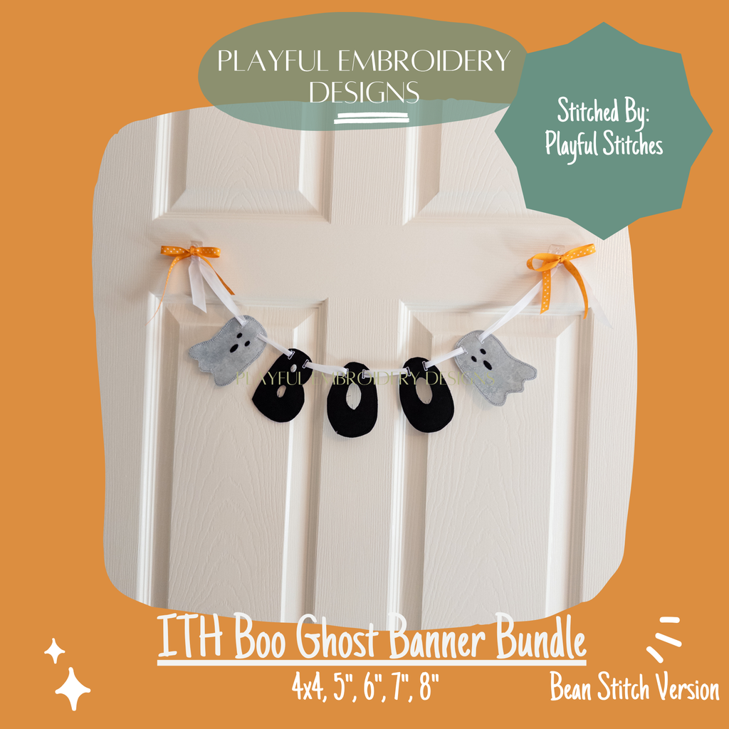 In The Hoop Boo Ghost Banner Machine Embroidery Design, Boo ITH Banner Design Bundle, Make your own Halloween Banner with Machine Embroidery