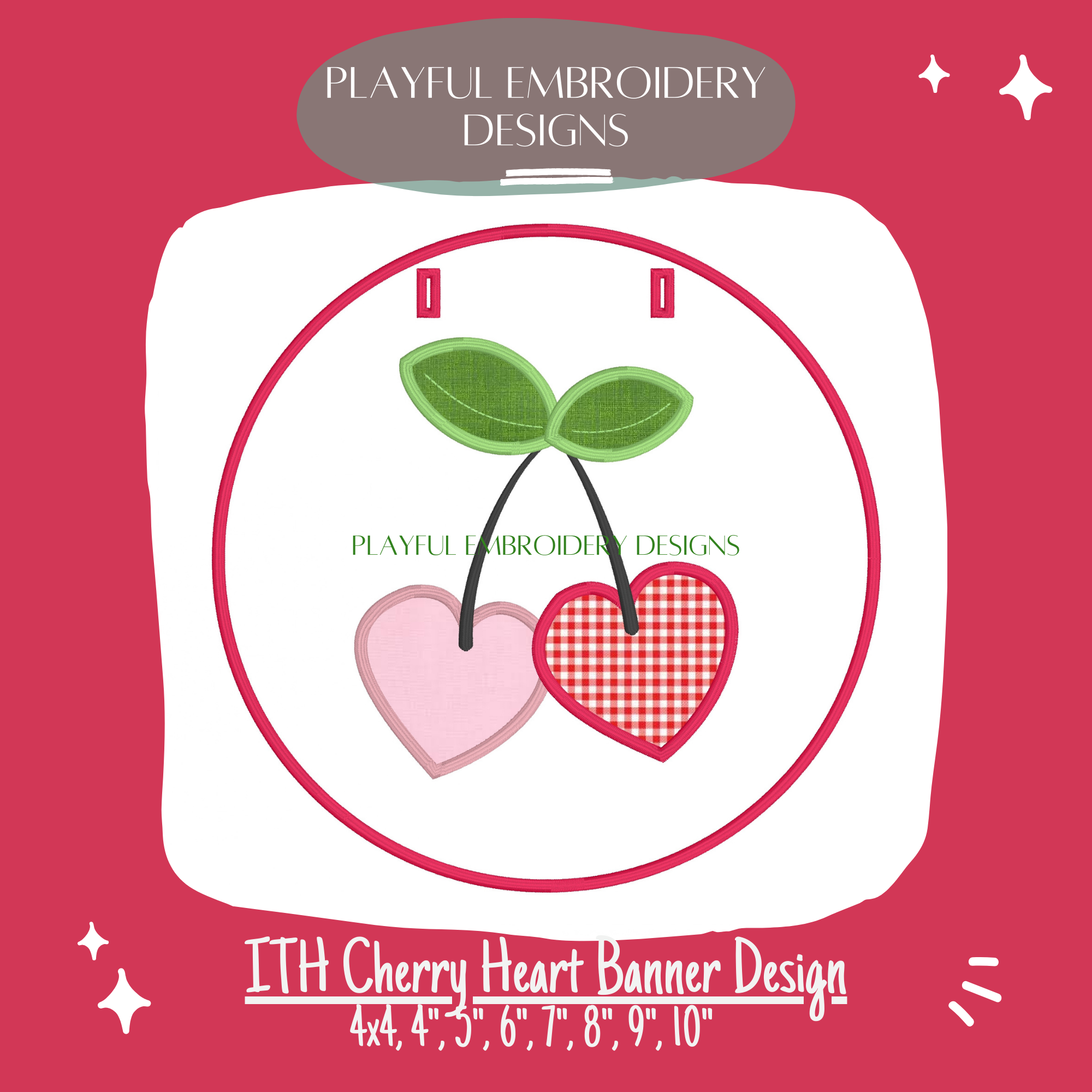 In the hoop Cherry Heart Applique Banner Design for Machine Embroidery